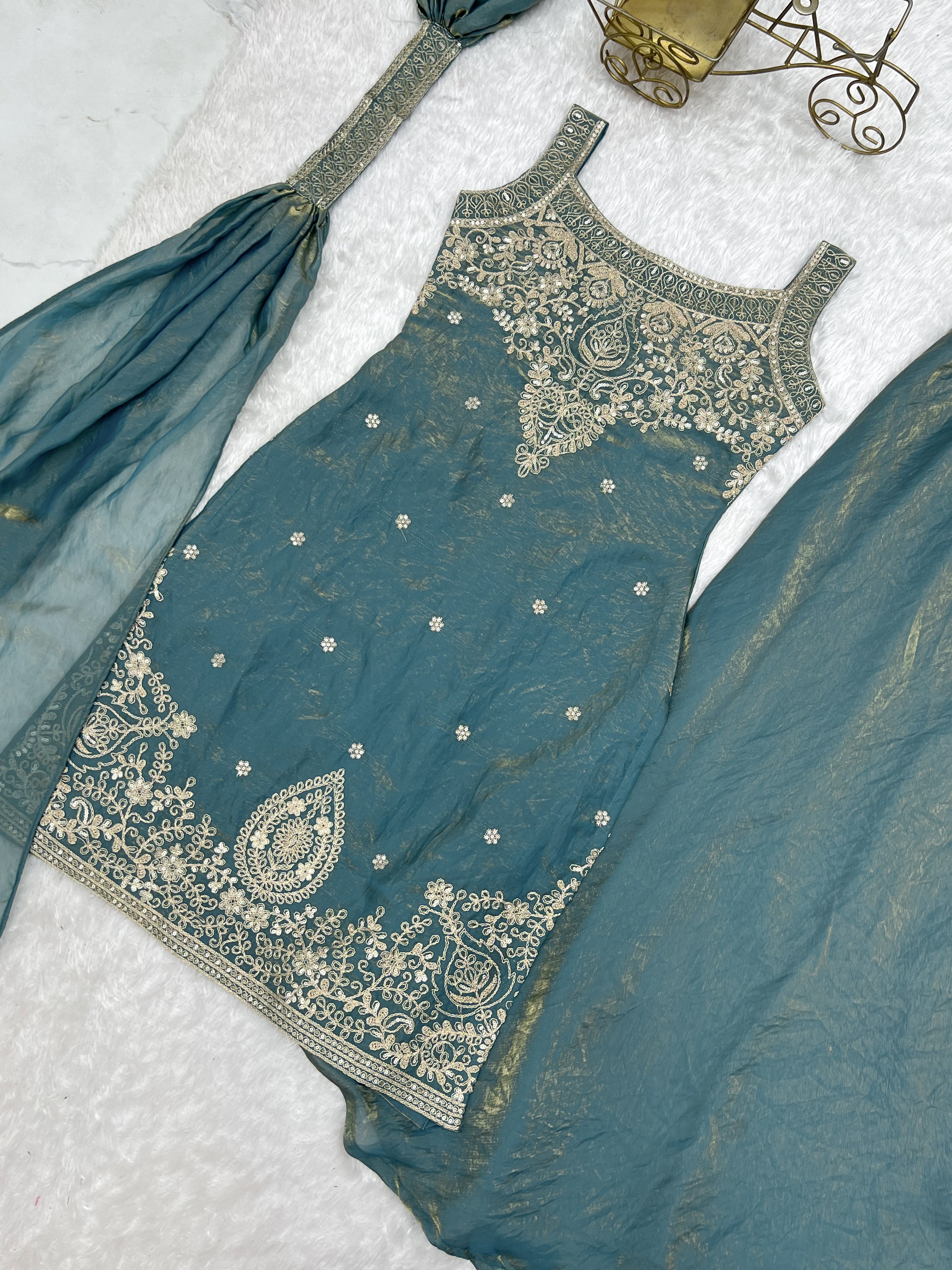 Dusty Teal Pure Fendy Silk Sharara Suit with Embroidery Sequence Work & Dupatta