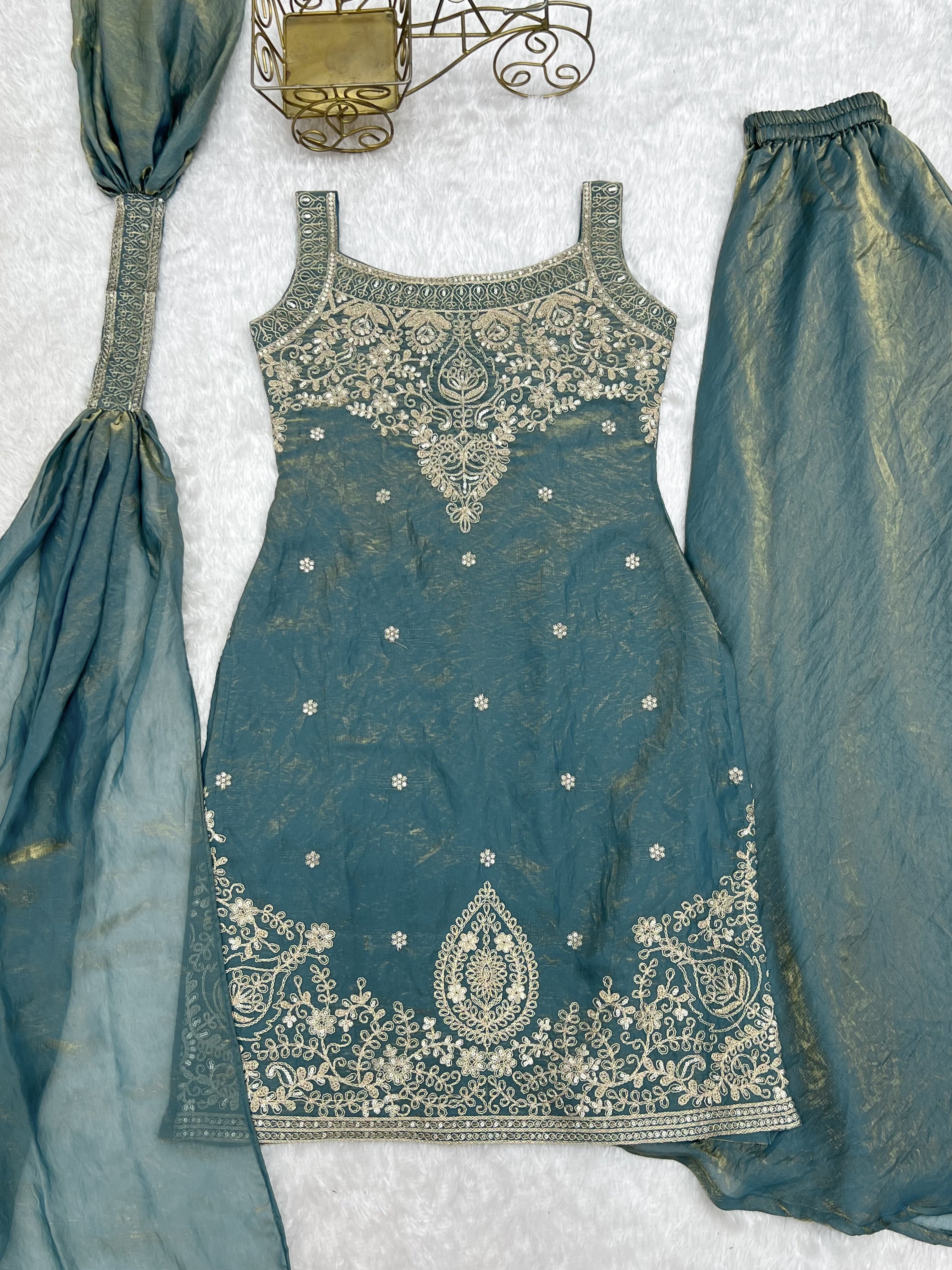 Dusty Teal Pure Fendy Silk Sharara Suit with Embroidery Sequence Work & Dupatta