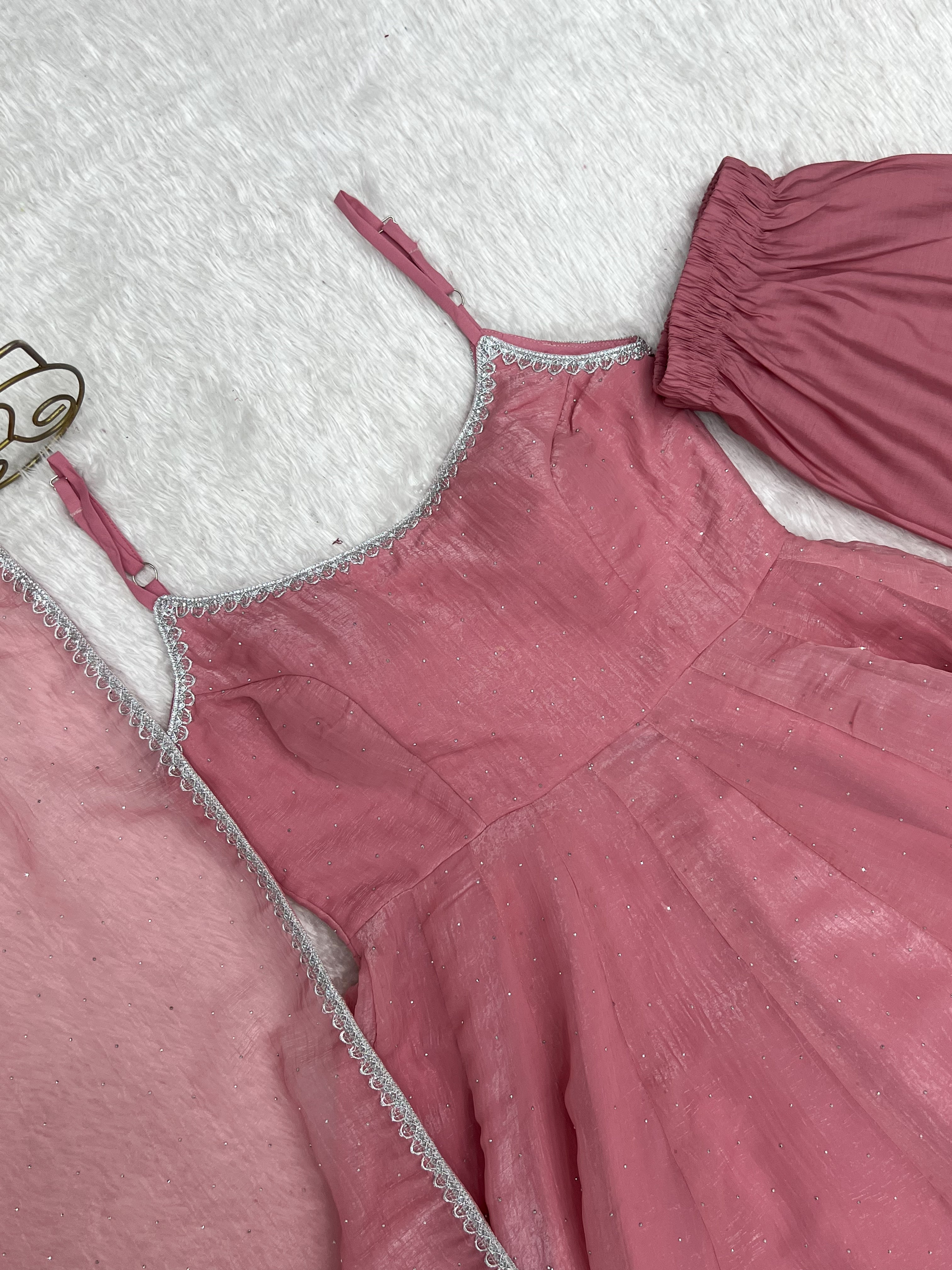 Dusty Pink Crunchy Silk Anarkali Suit with Swarovski Work & Dupatta Set