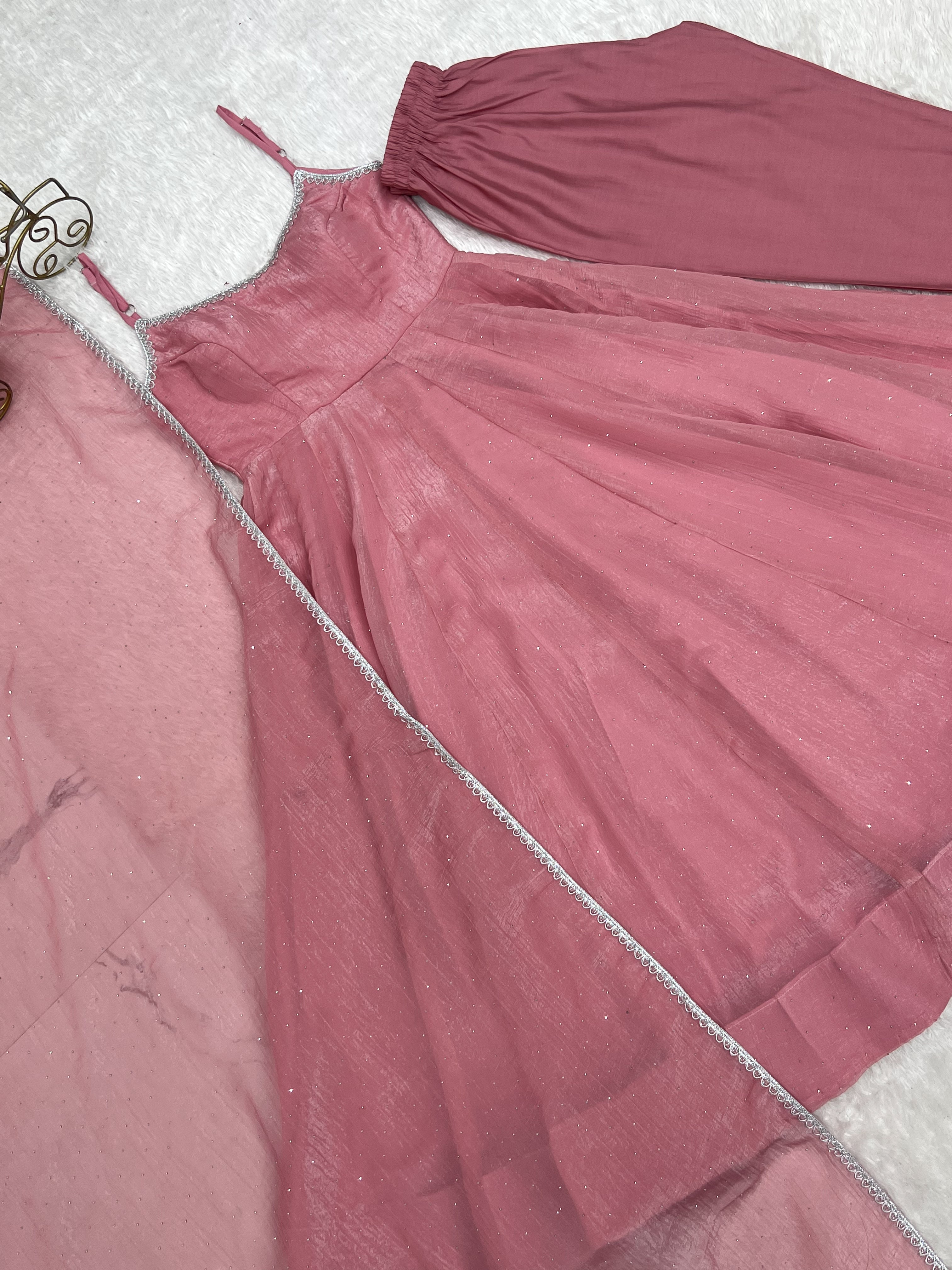 Dusty Pink Crunchy Silk Anarkali Suit with Swarovski Work & Dupatta Set