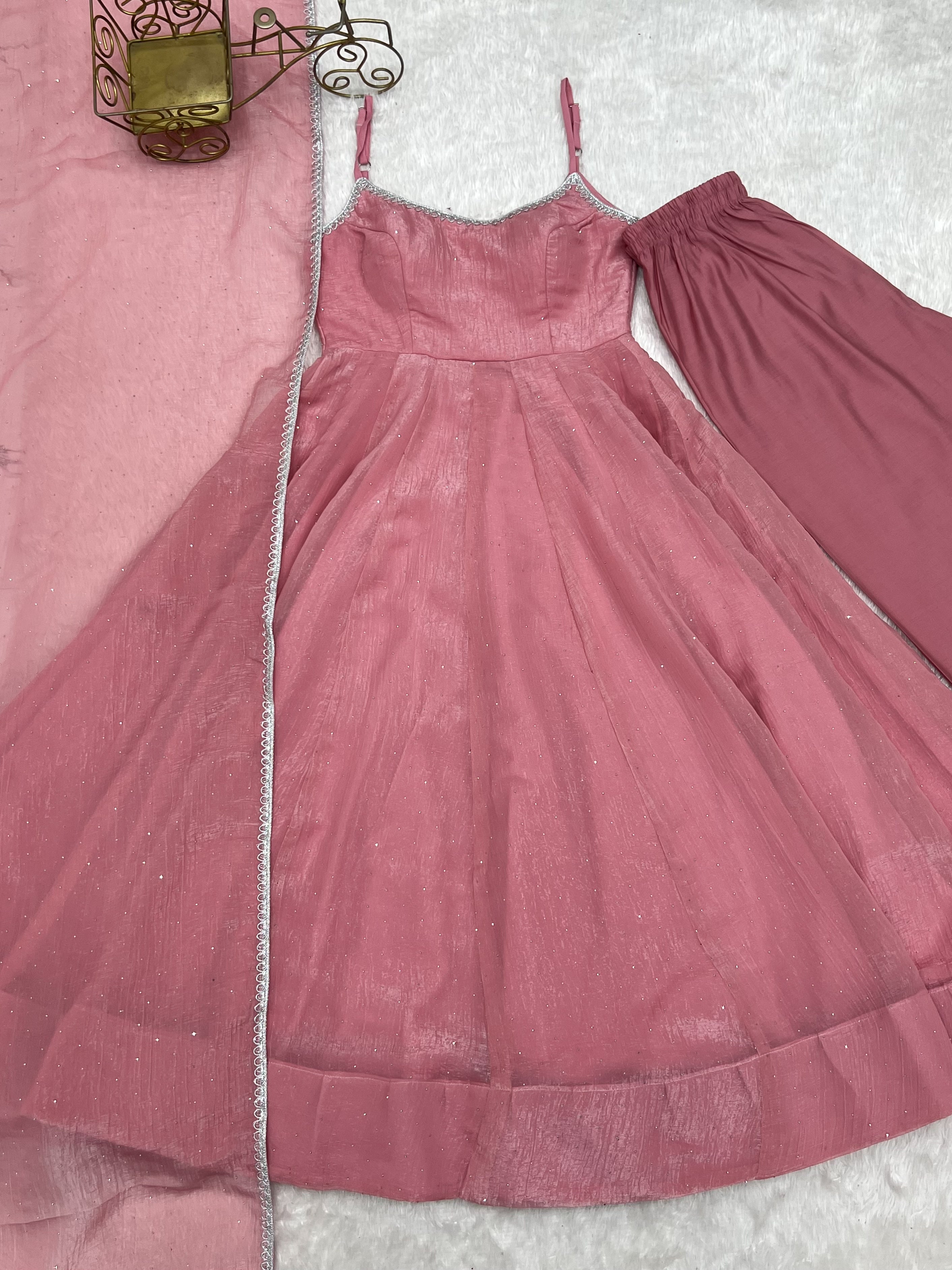 Dusty Pink Crunchy Silk Anarkali Suit with Swarovski Work & Dupatta Set