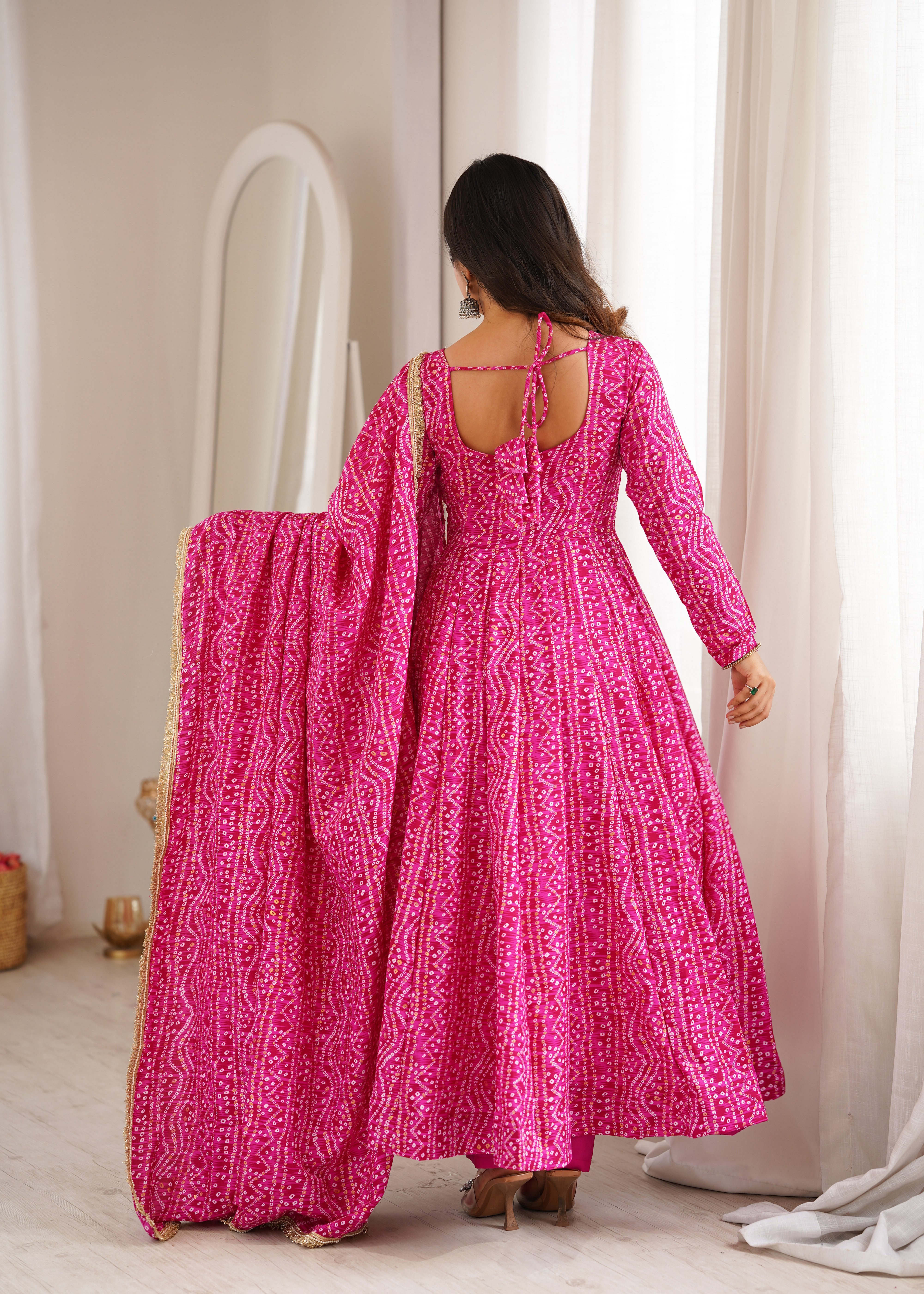 Hot Pink Mirror Embroidered Rayon Anarkali Gown Set with Dupatta & Pant