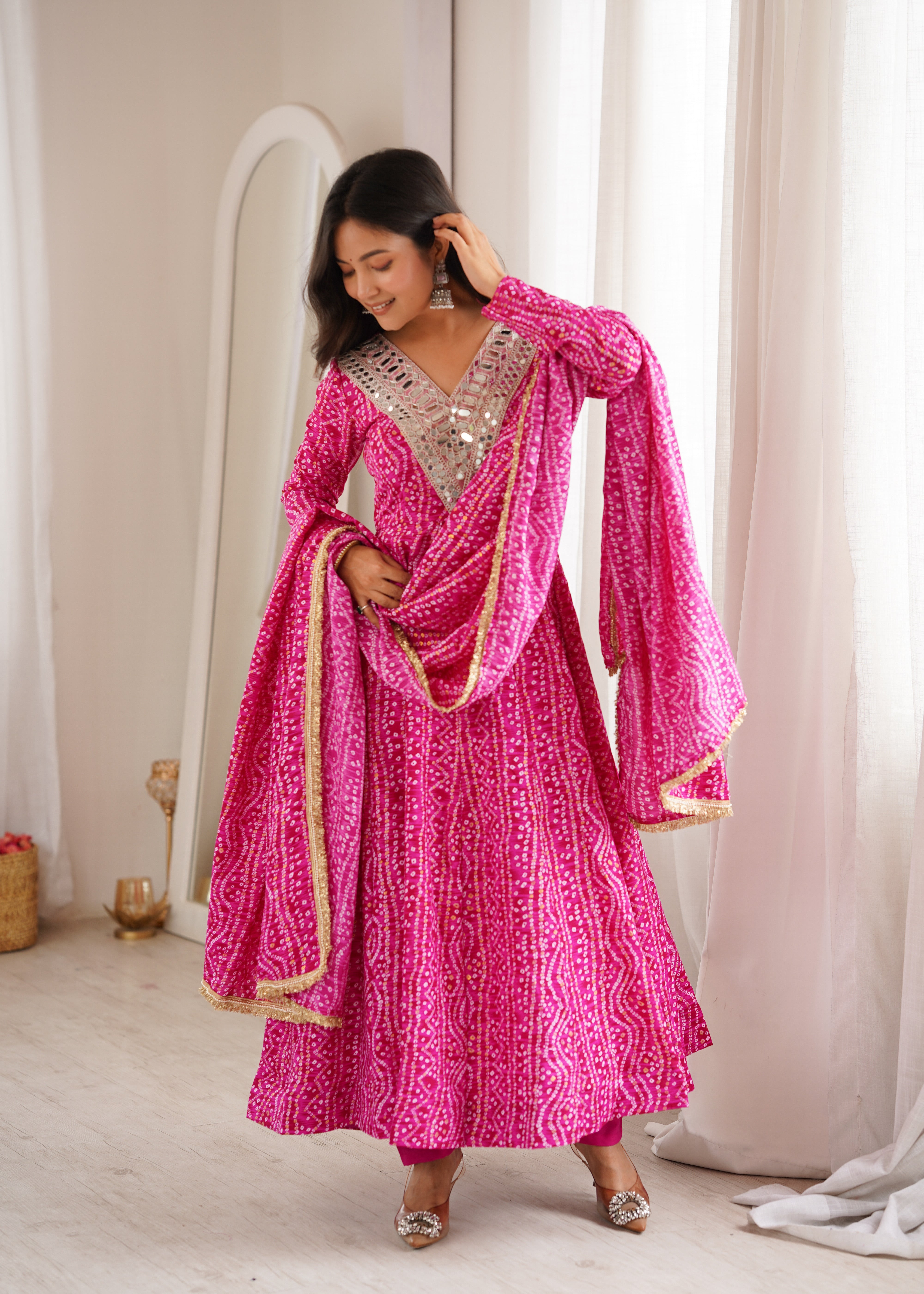 Hot Pink Mirror Embroidered Rayon Anarkali Gown Set with Dupatta & Pant