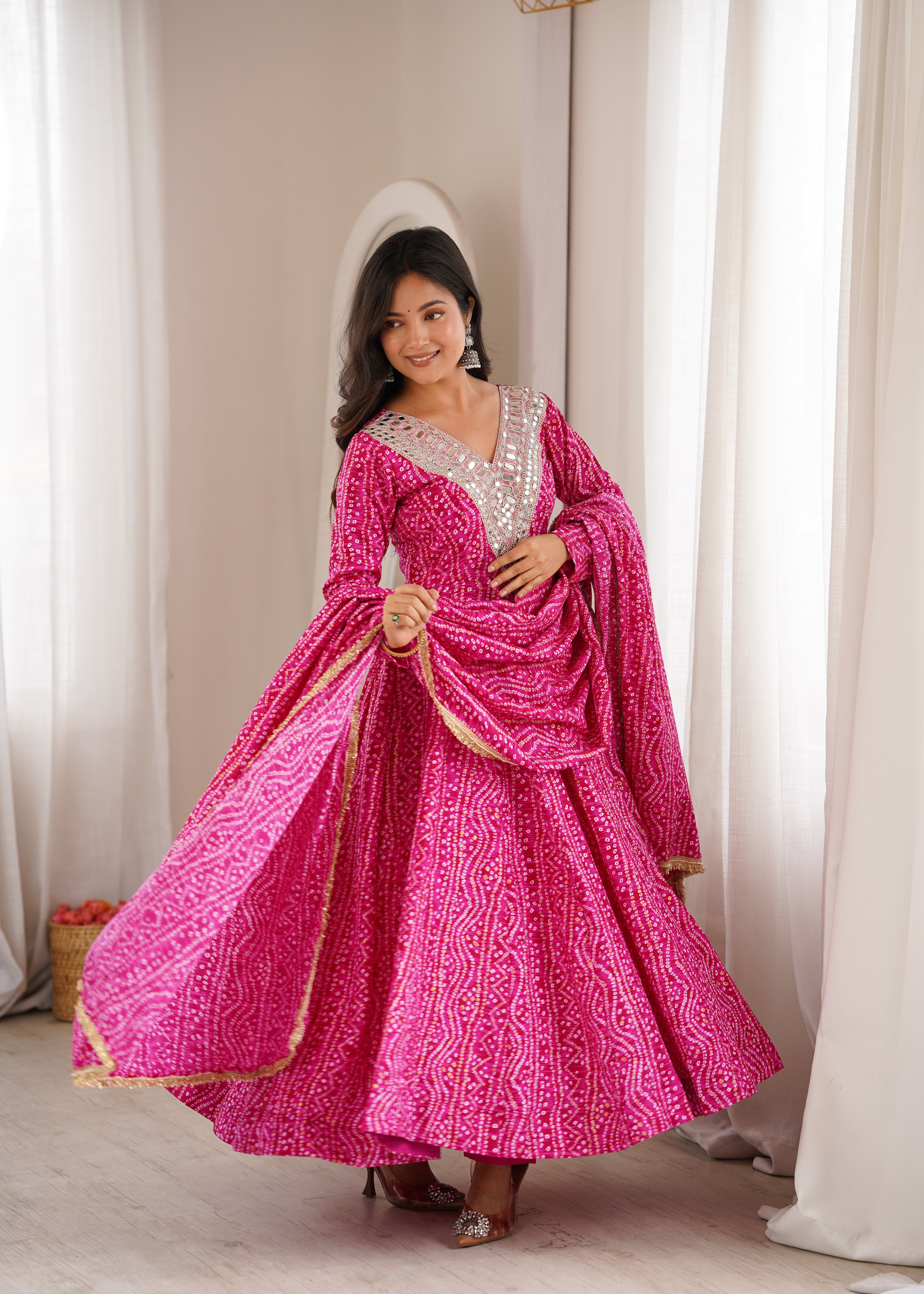 Hot Pink Mirror Embroidered Rayon Anarkali Gown Set with Dupatta & Pant
