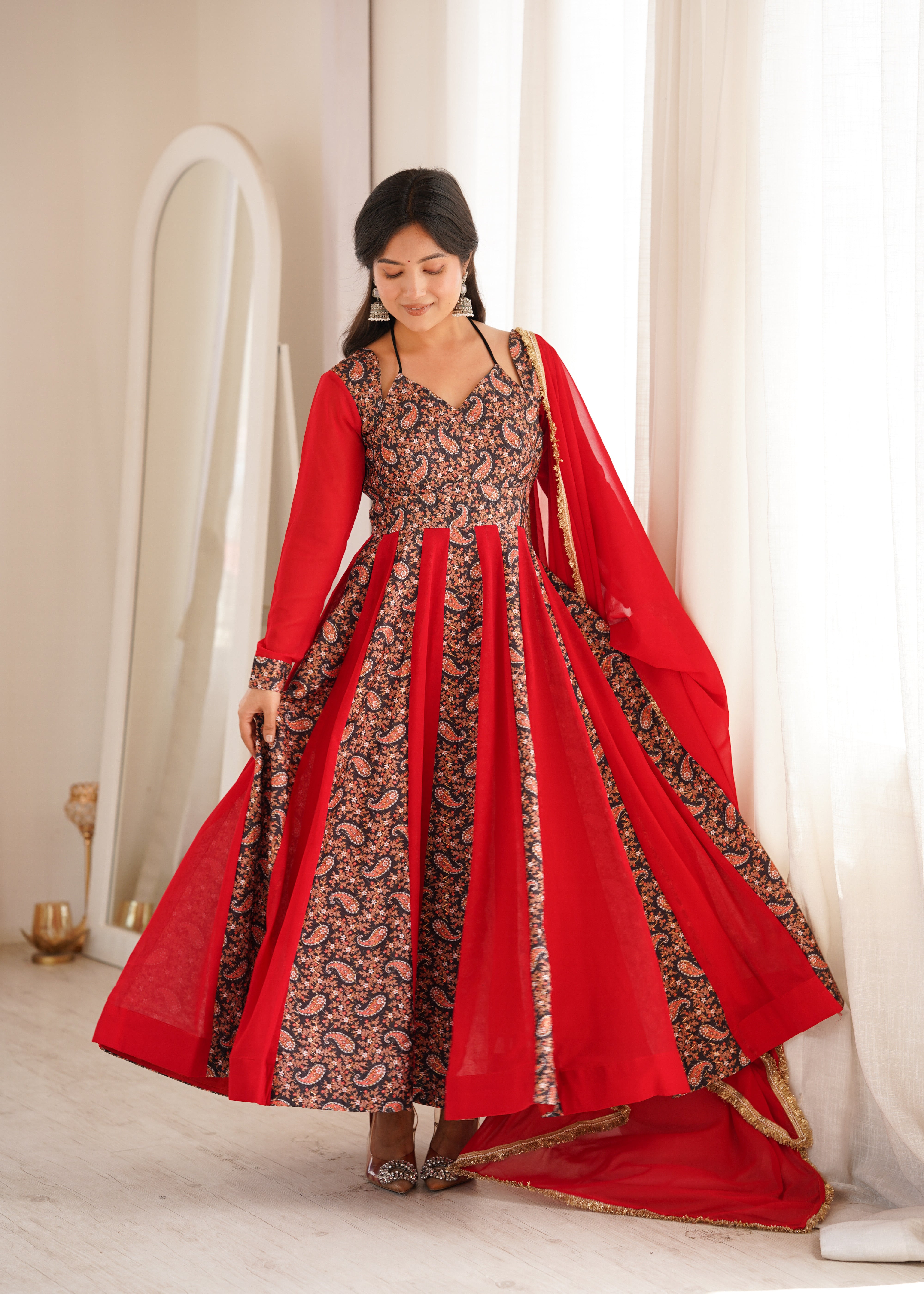 Ruby Red Paisley Print Designer Kali Anarkali Gown Set with Dupatta & Pant