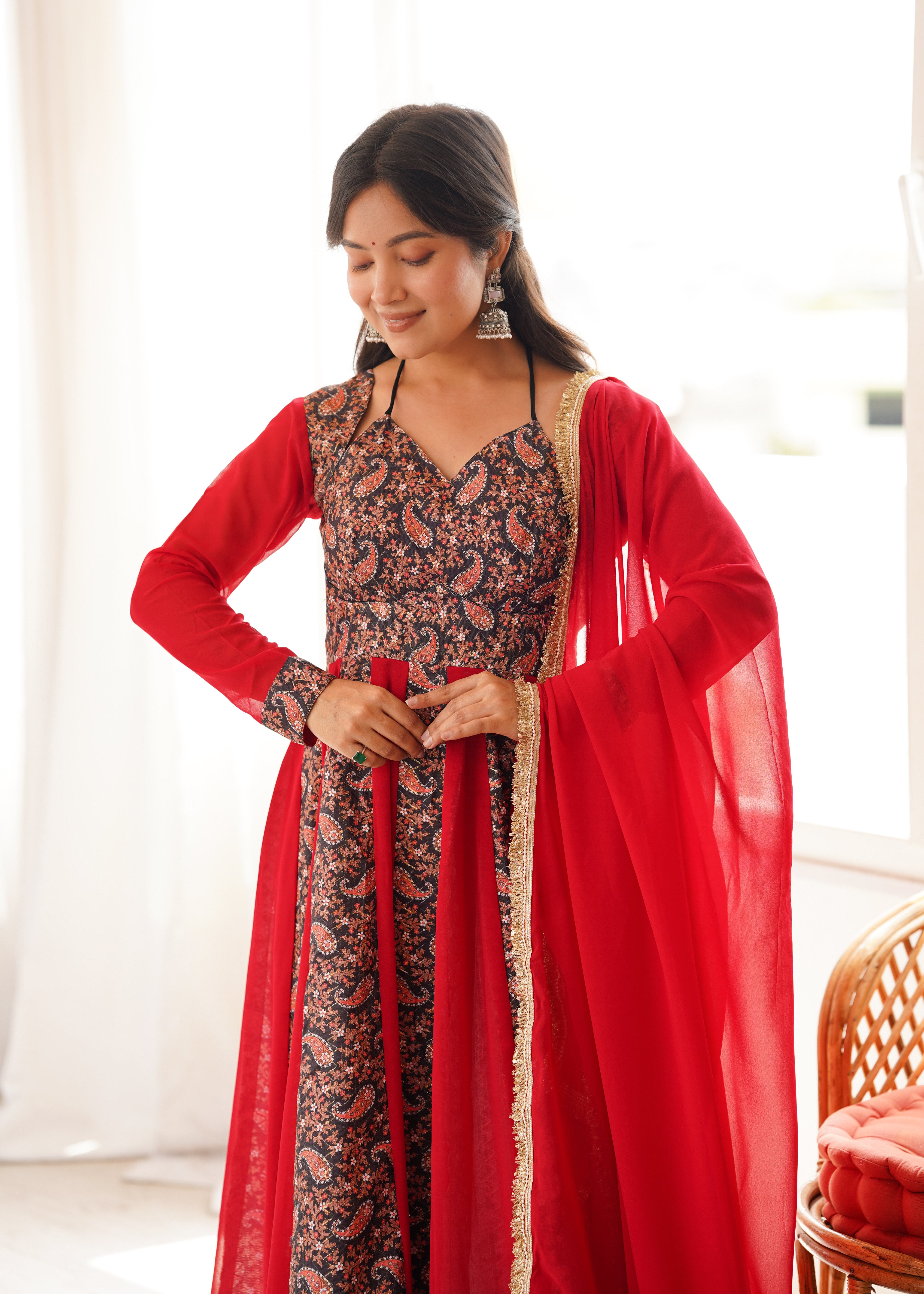 Ruby Red Paisley Print Designer Kali Anarkali Gown Set with Dupatta & Pant