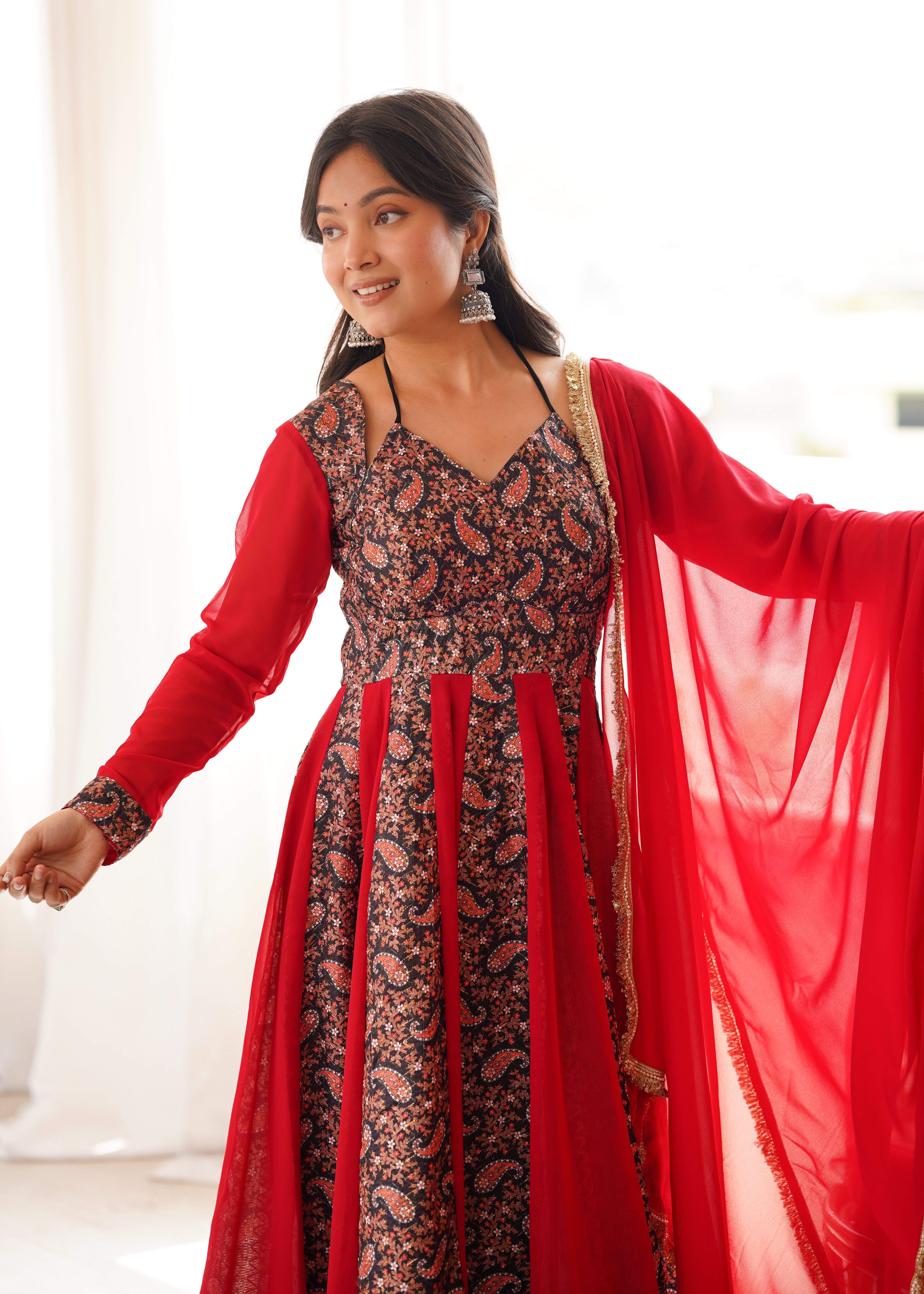 Ruby Red Paisley Print Designer Kali Anarkali Gown Set with Dupatta & Pant