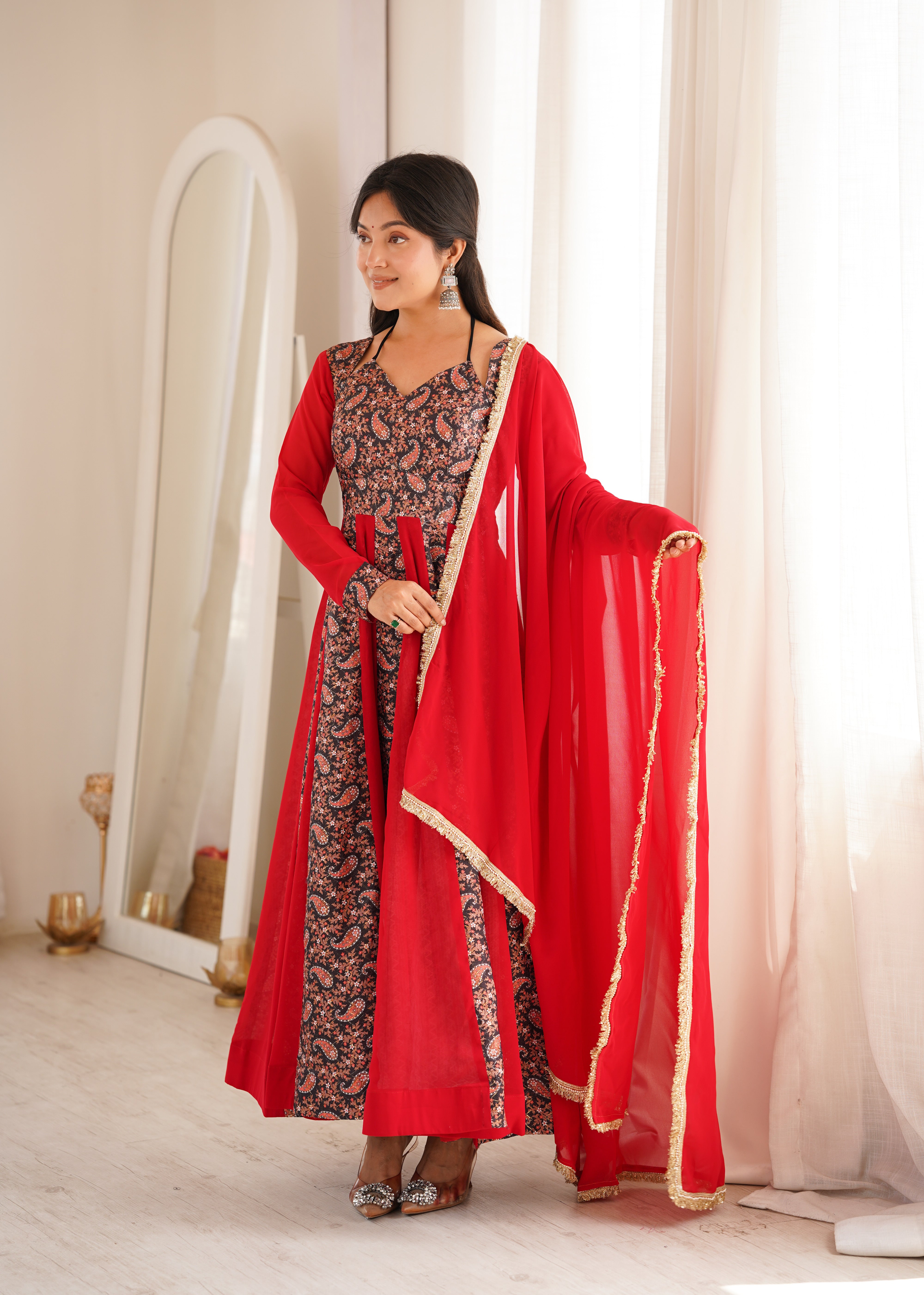 Ruby Red Paisley Print Designer Kali Anarkali Gown Set with Dupatta & Pant