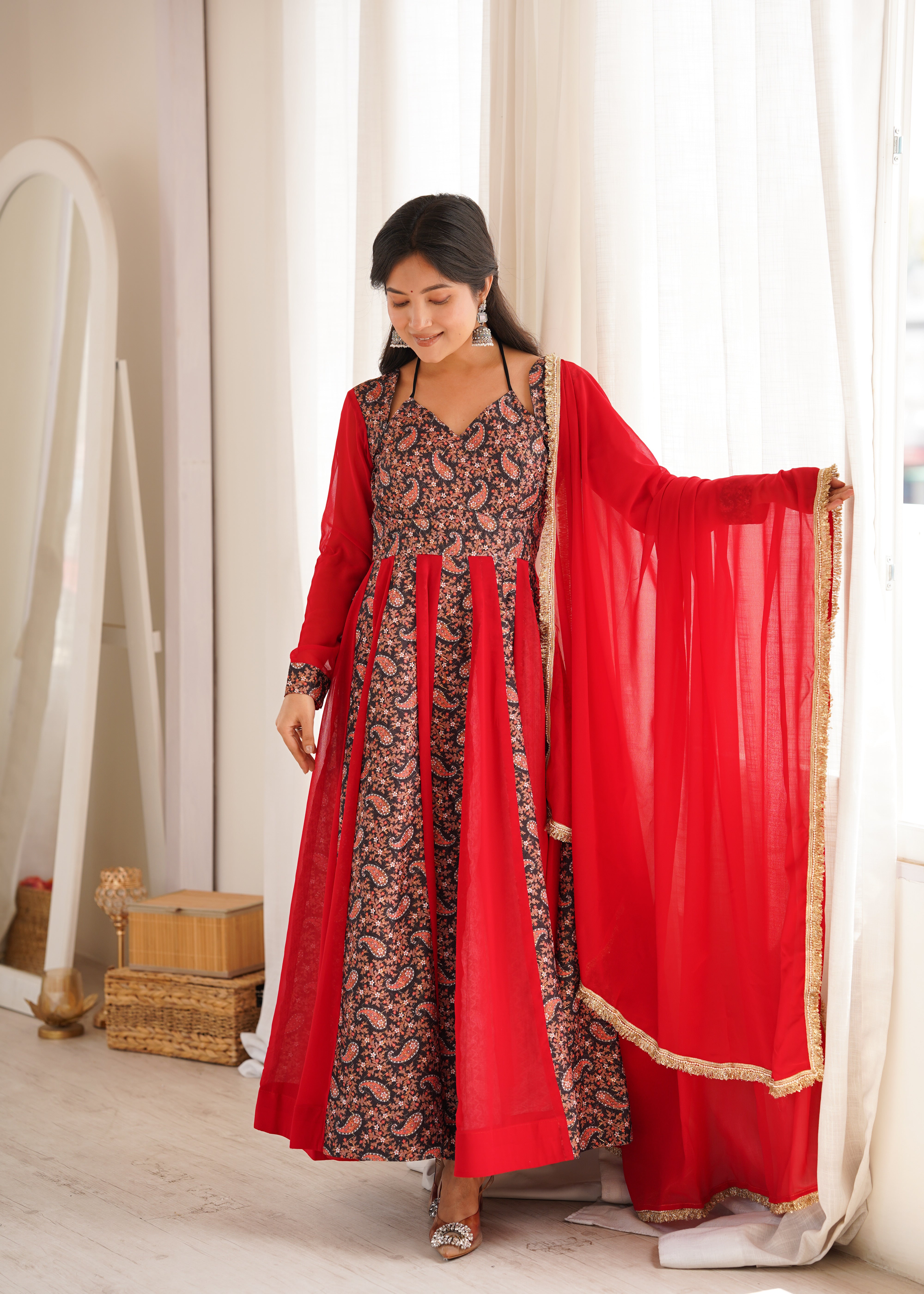 Ruby Red Paisley Print Designer Kali Anarkali Gown Set with Dupatta & Pant