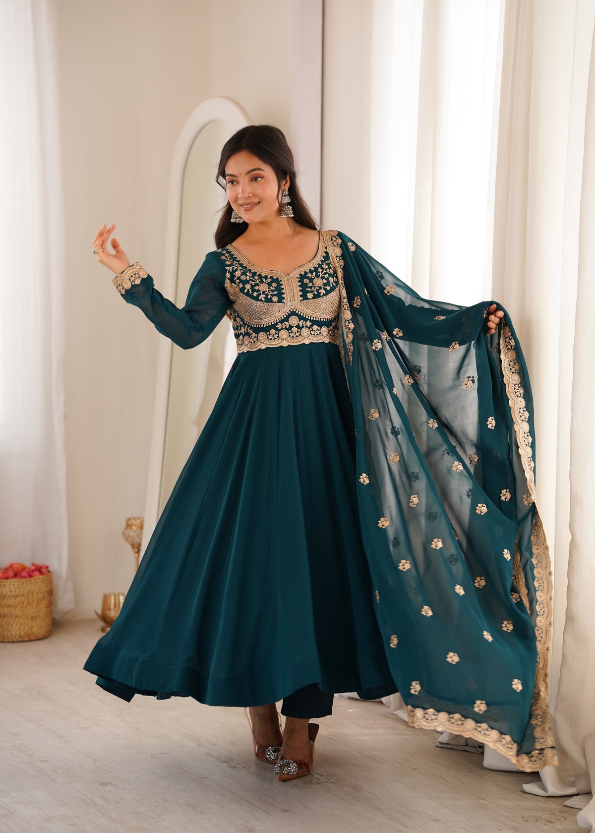 Petrol Blue Blooming Georgette Embroidered Anarkali Suit Set with Dupatta