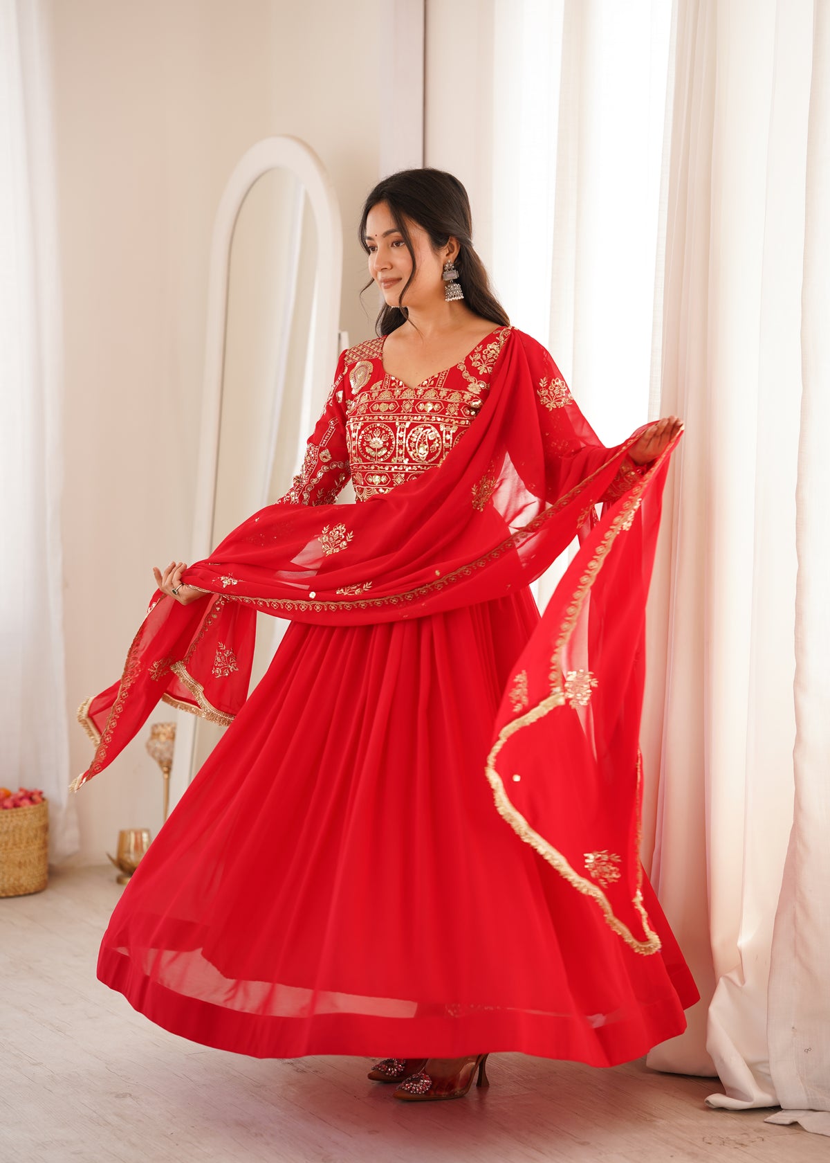 Red Blooming Georgette Anarkali Suit Set with Sequence Embroidery & Dupatta