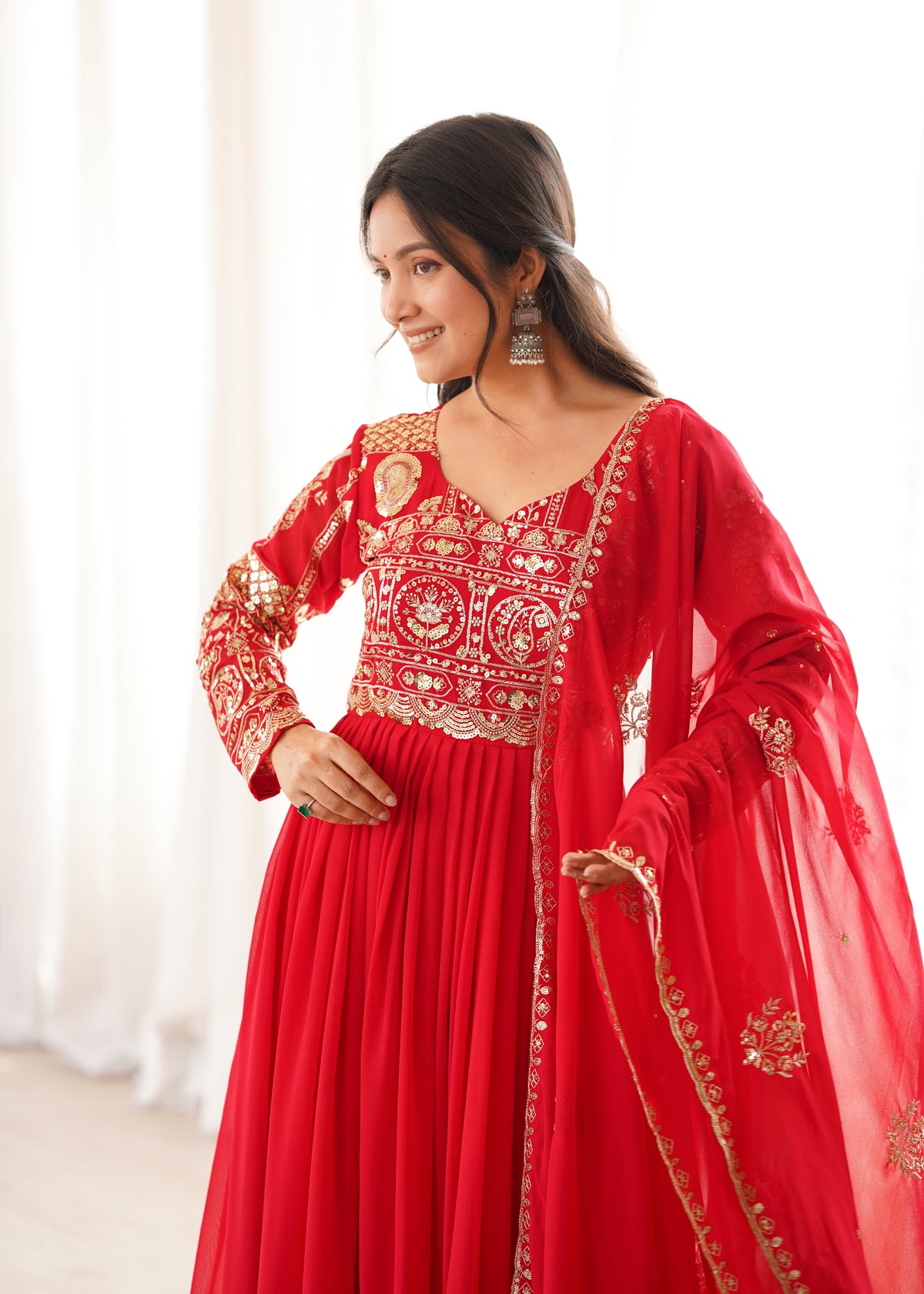 Red Blooming Georgette Anarkali Suit Set with Sequence Embroidery & Dupatta