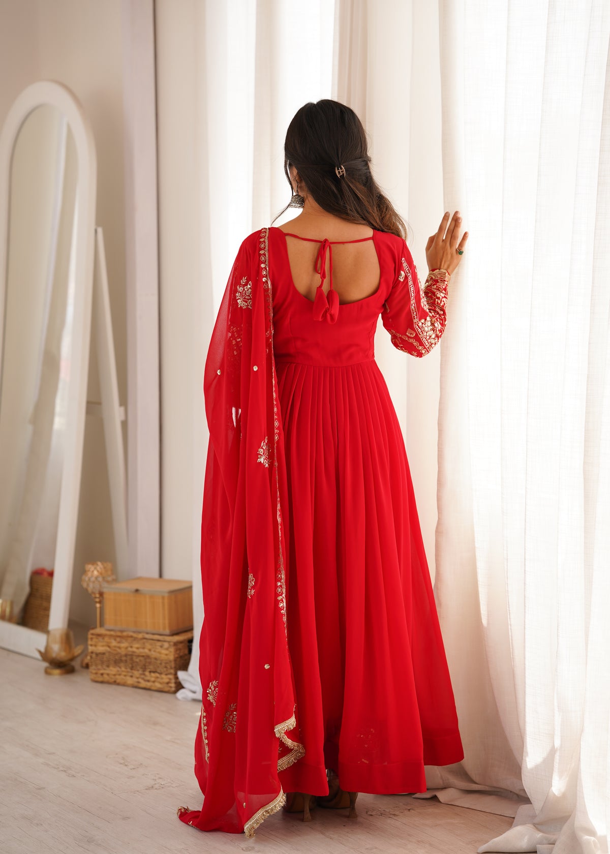 Red Blooming Georgette Anarkali Suit Set with Sequence Embroidery & Dupatta