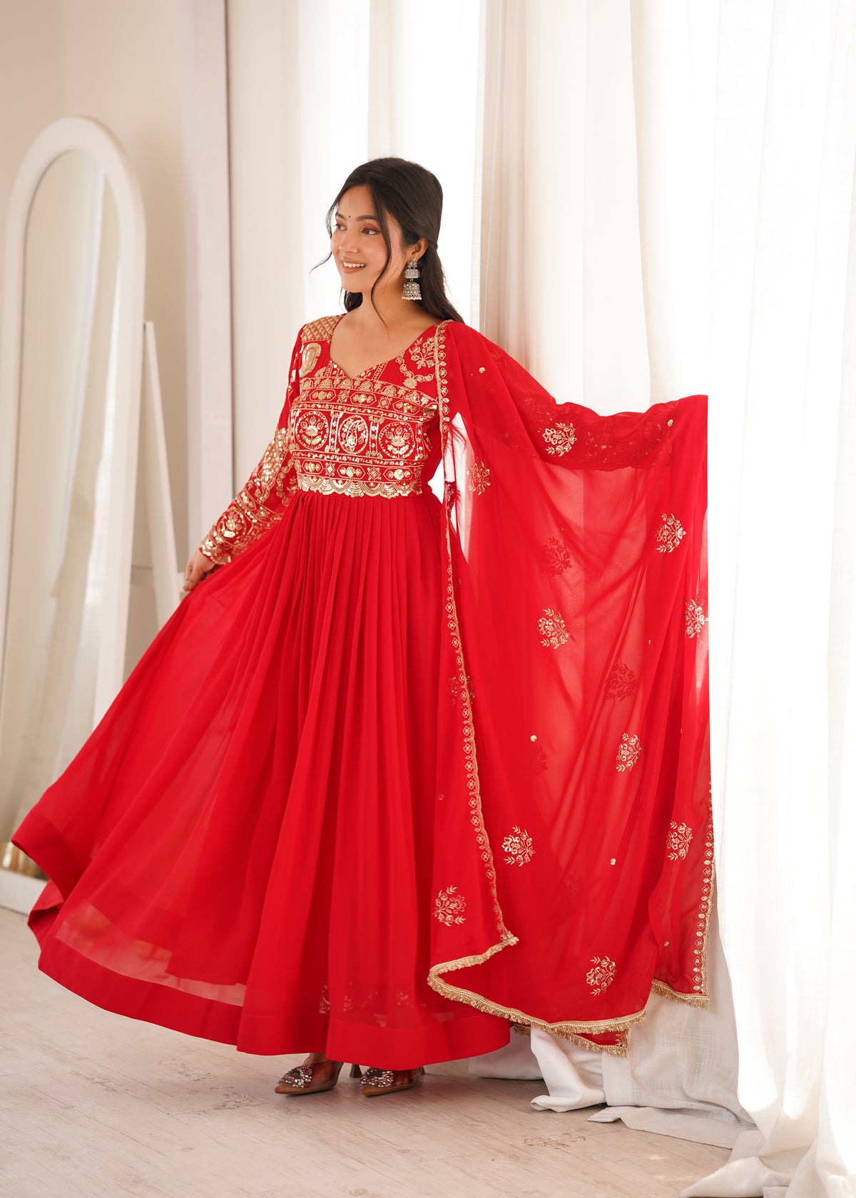 Red Blooming Georgette Anarkali Suit Set with Sequence Embroidery & Dupatta