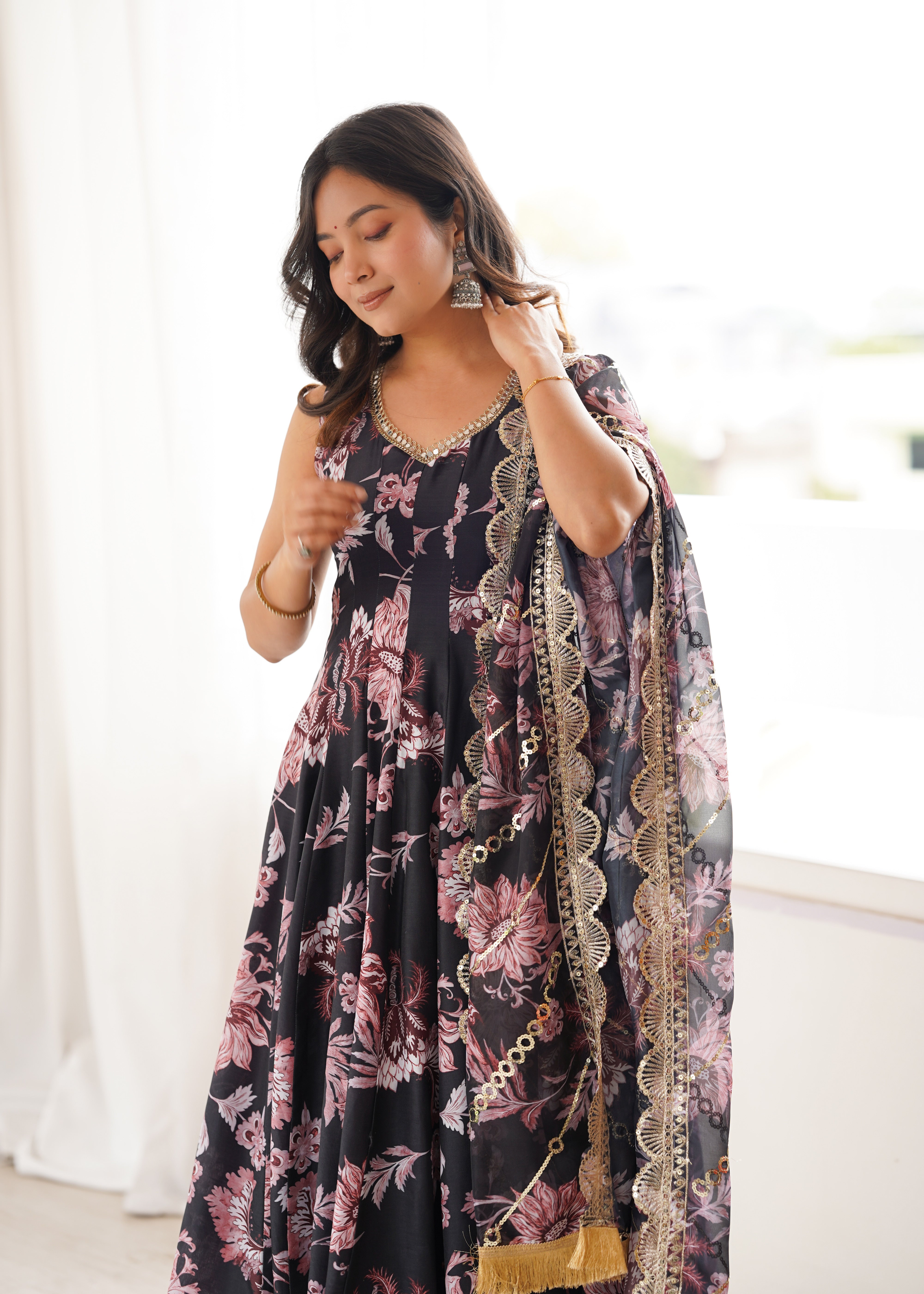 Black Floral Print Pure Muslin Anarkali Suit Set with Organza Dupatta & Pant