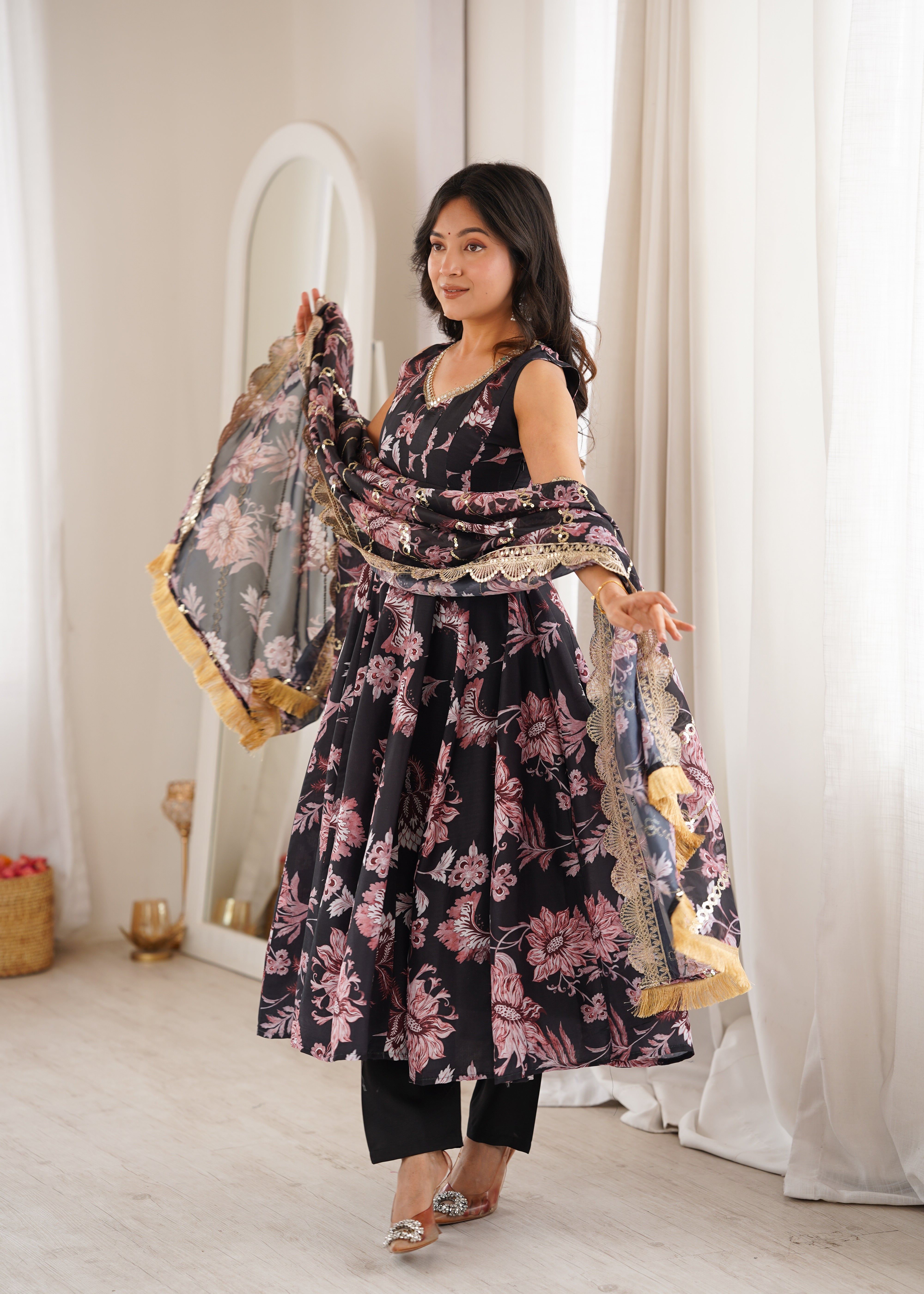 Black Floral Print Pure Muslin Anarkali Suit Set with Organza Dupatta & Pant