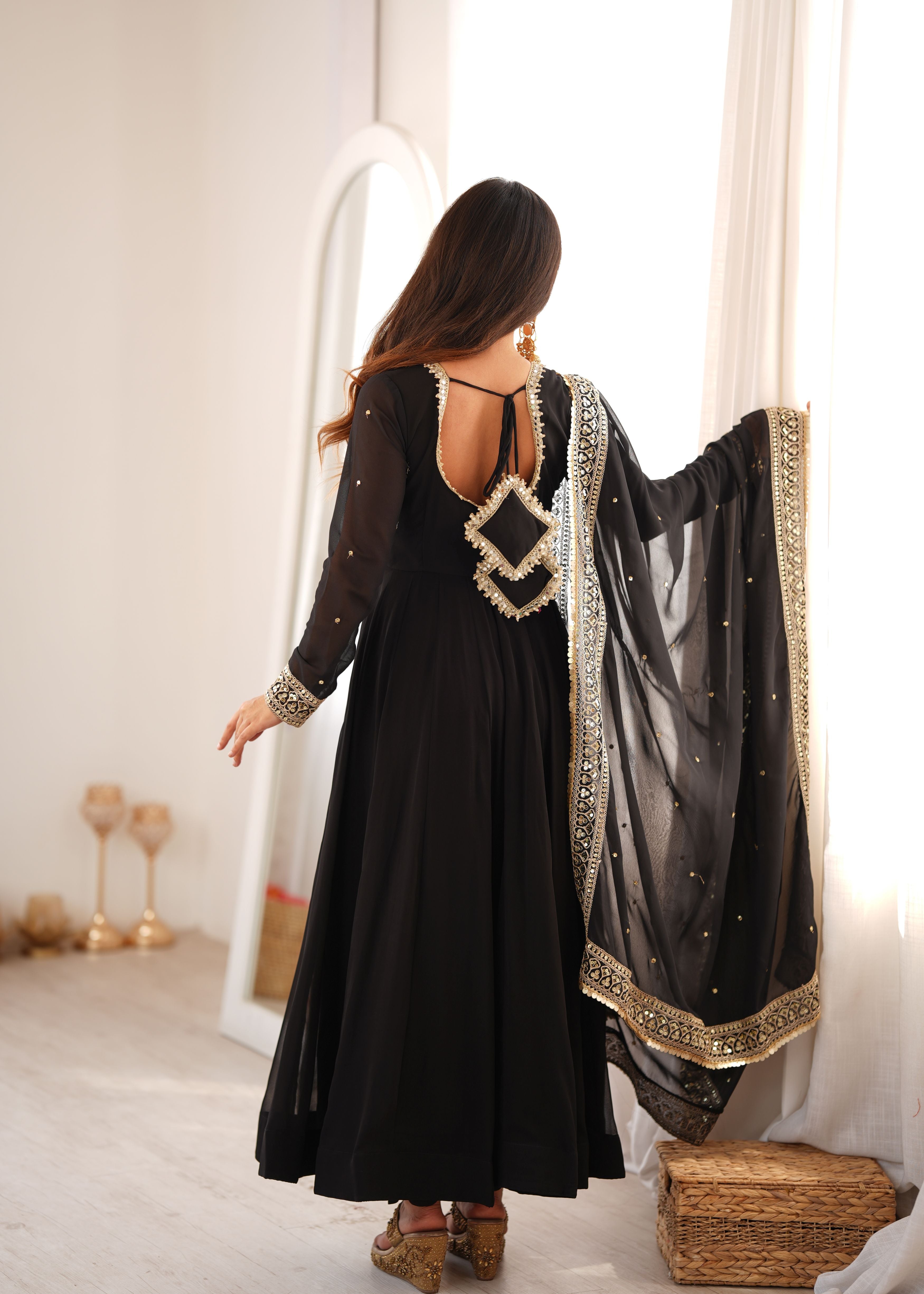 Classic Black Georgette Anarkali Gown Set with Embroidered Dupatta & Pant
