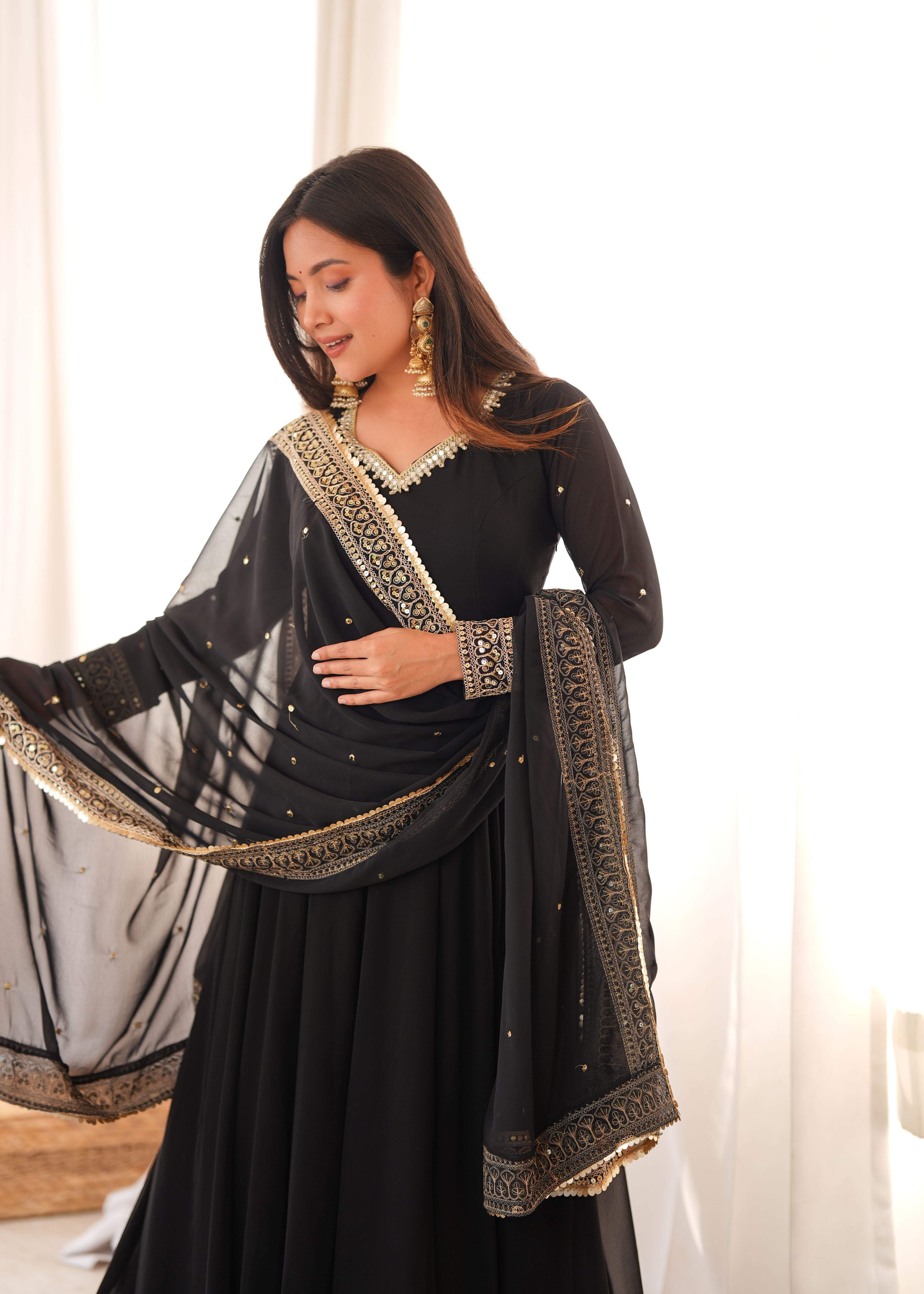 Classic Black Georgette Anarkali Gown Set with Embroidered Dupatta & Pant