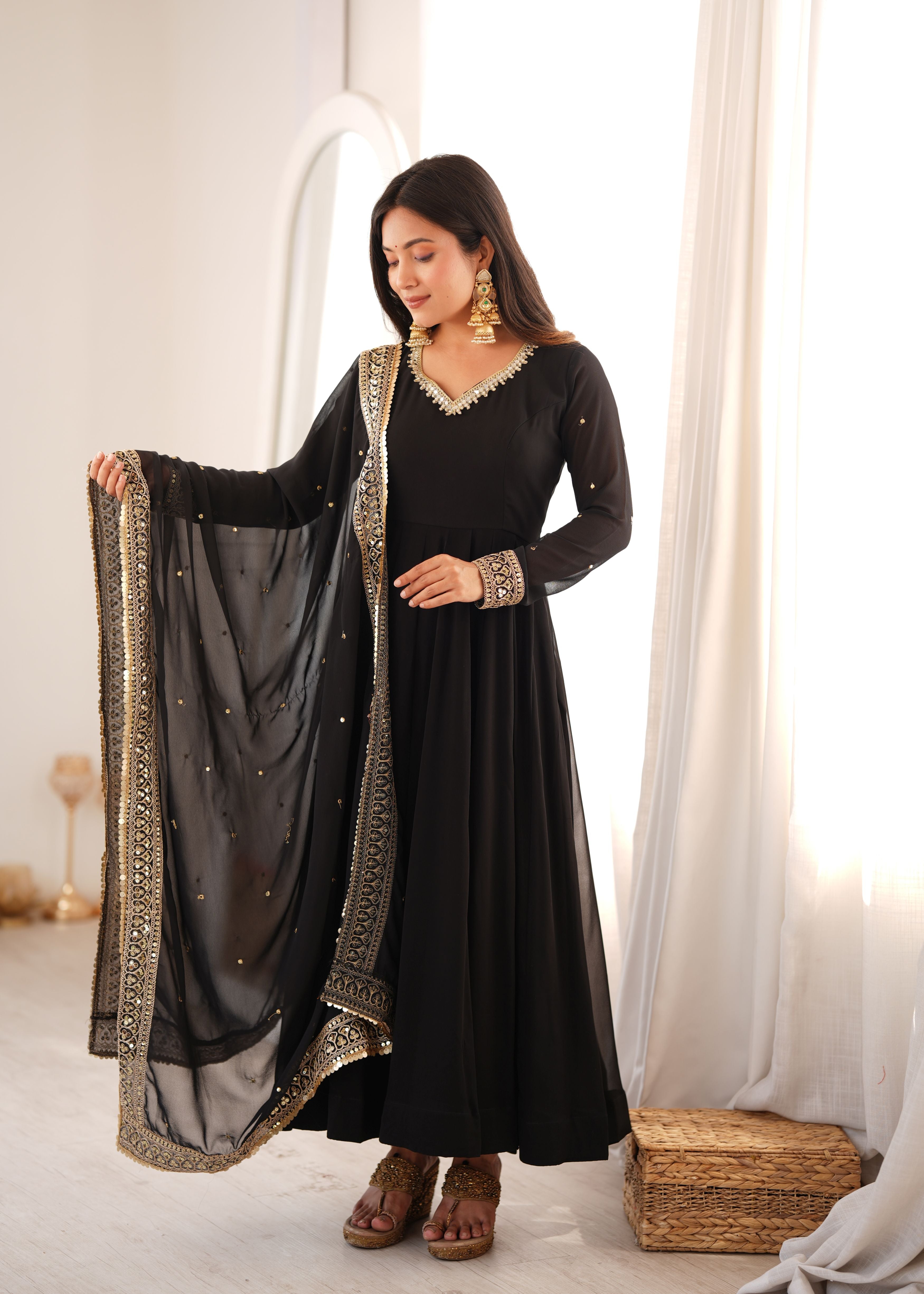 Classic Black Georgette Anarkali Gown Set with Embroidered Dupatta & Pant