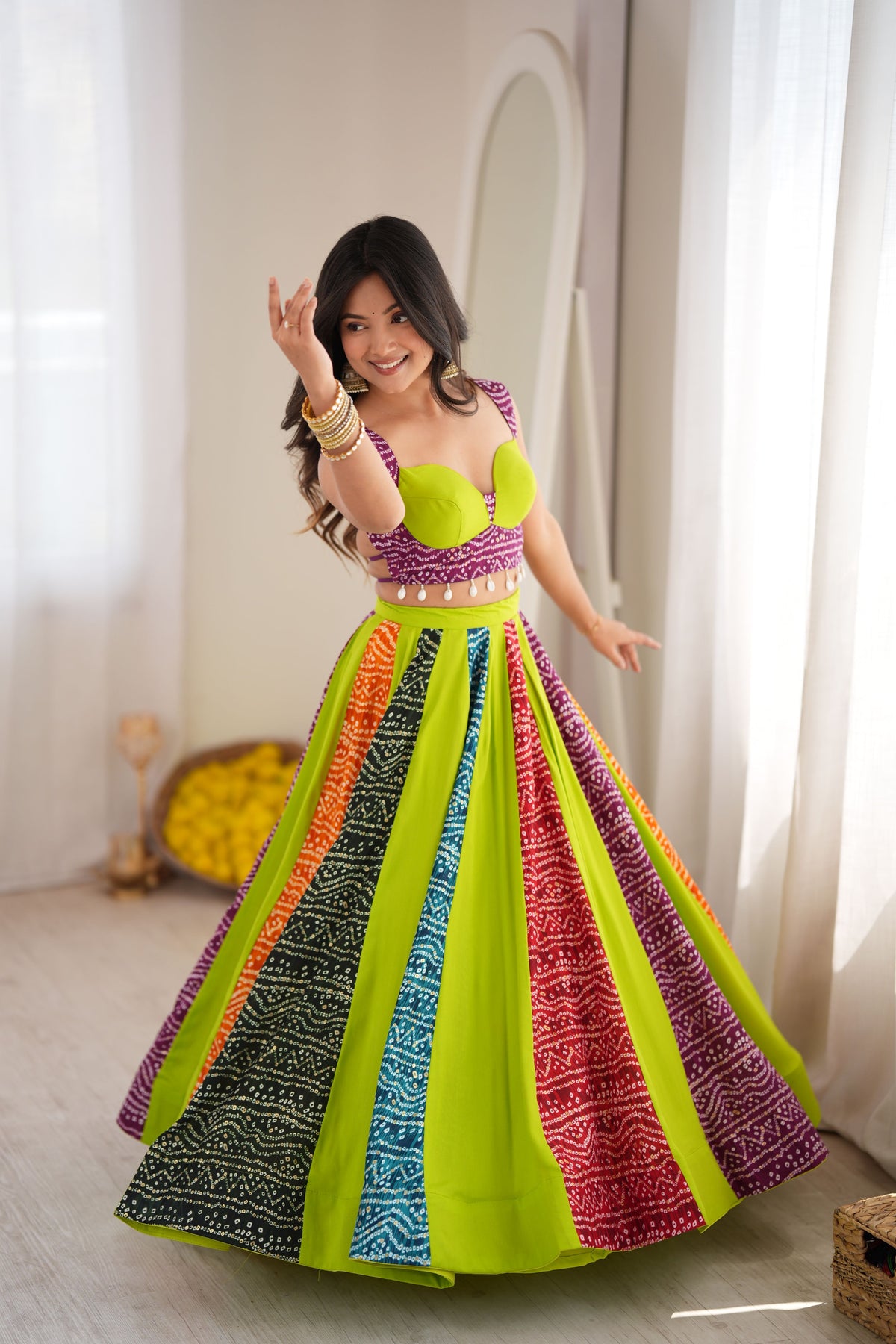 Lime Green Multicolor Digital Print Lehenga Choli Set | 6 Meter Flair