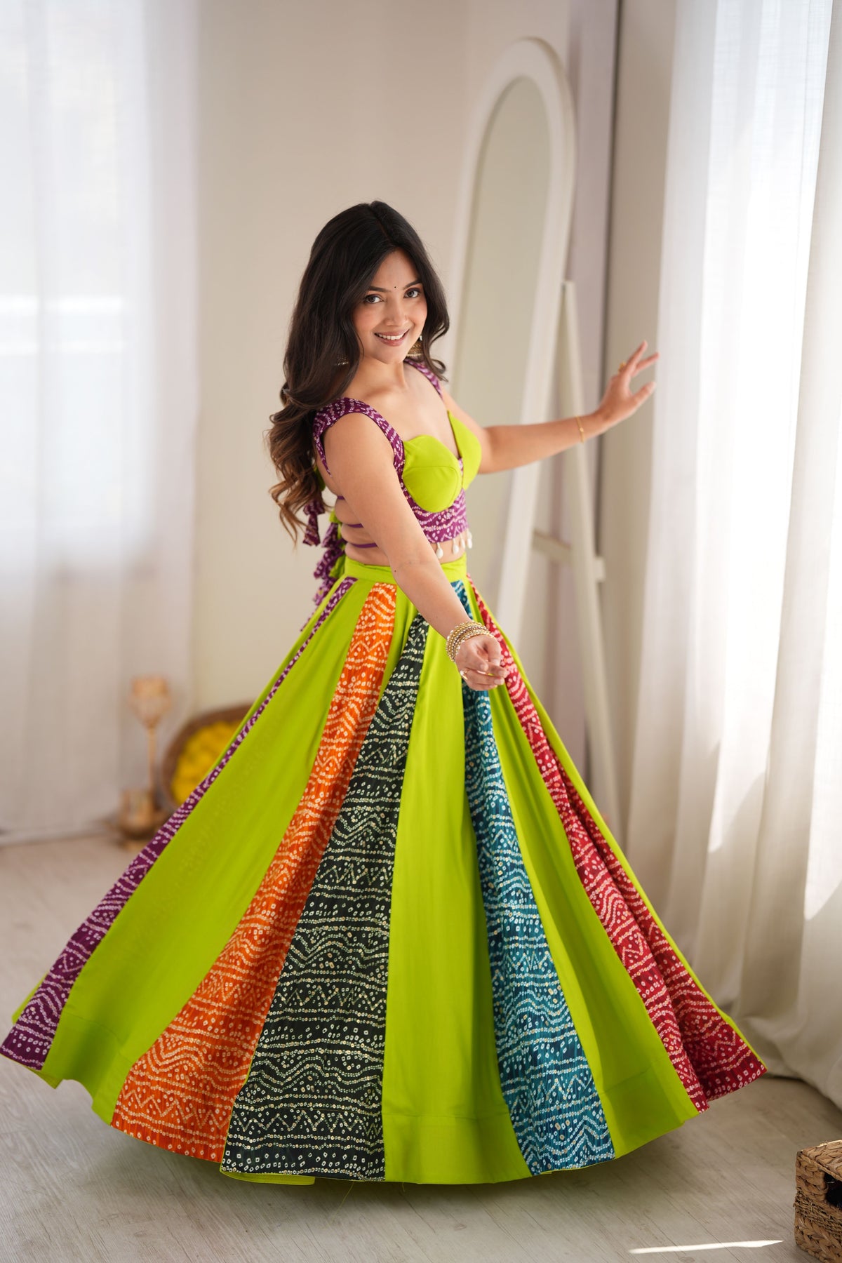Lime Green Multicolor Digital Print Lehenga Choli Set | 6 Meter Flair