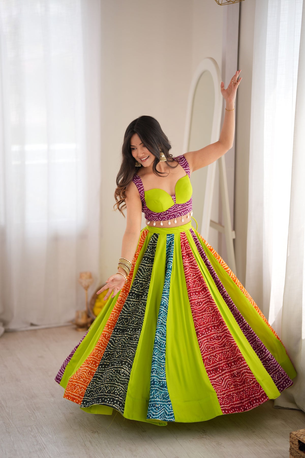 Lime Green Multicolor Digital Print Lehenga Choli Set | 6 Meter Flair