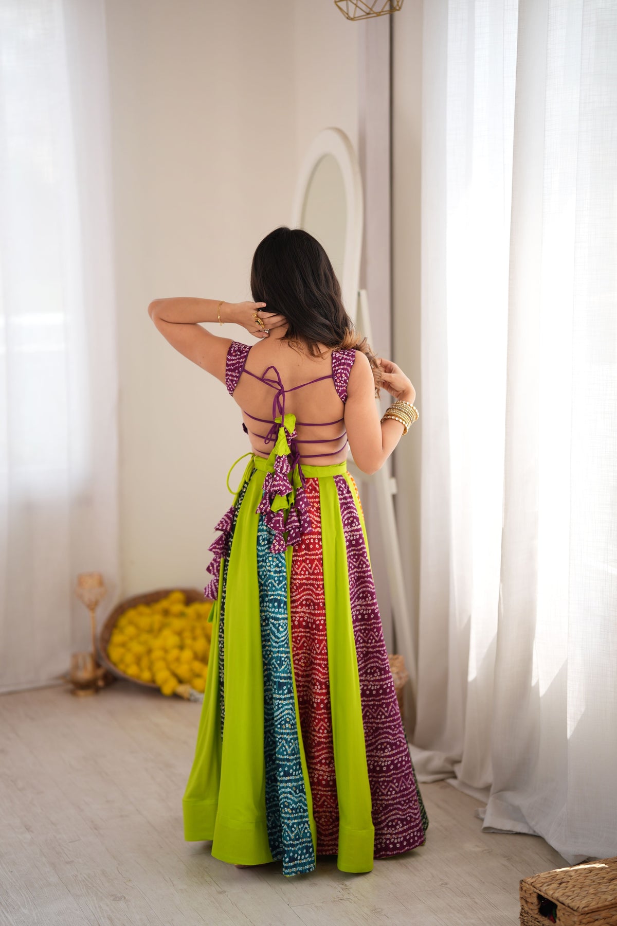 Lime Green Multicolor Digital Print Lehenga Choli Set | 6 Meter Flair