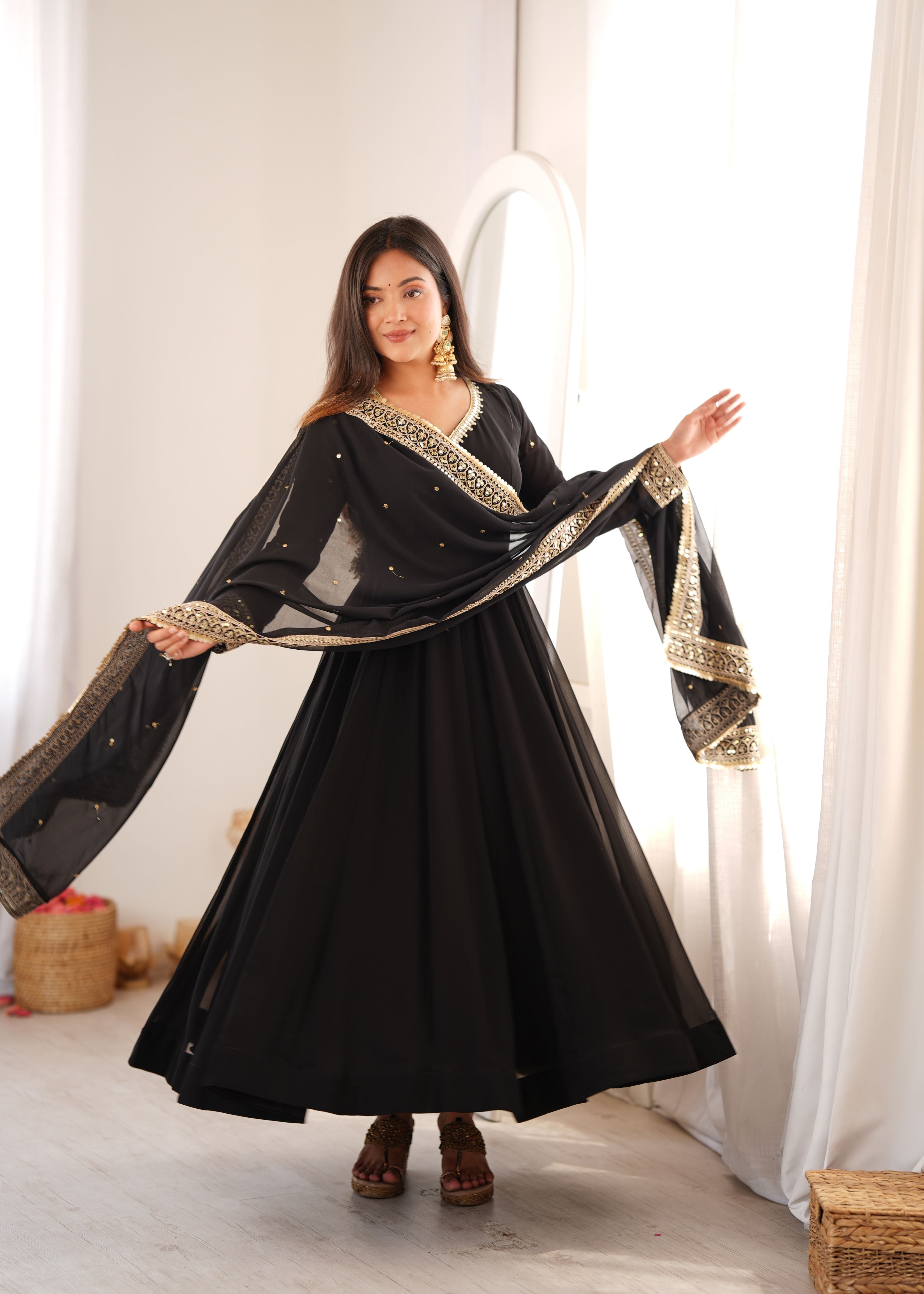 Classic Black Georgette Anarkali Gown Set with Embroidered Dupatta & Pant