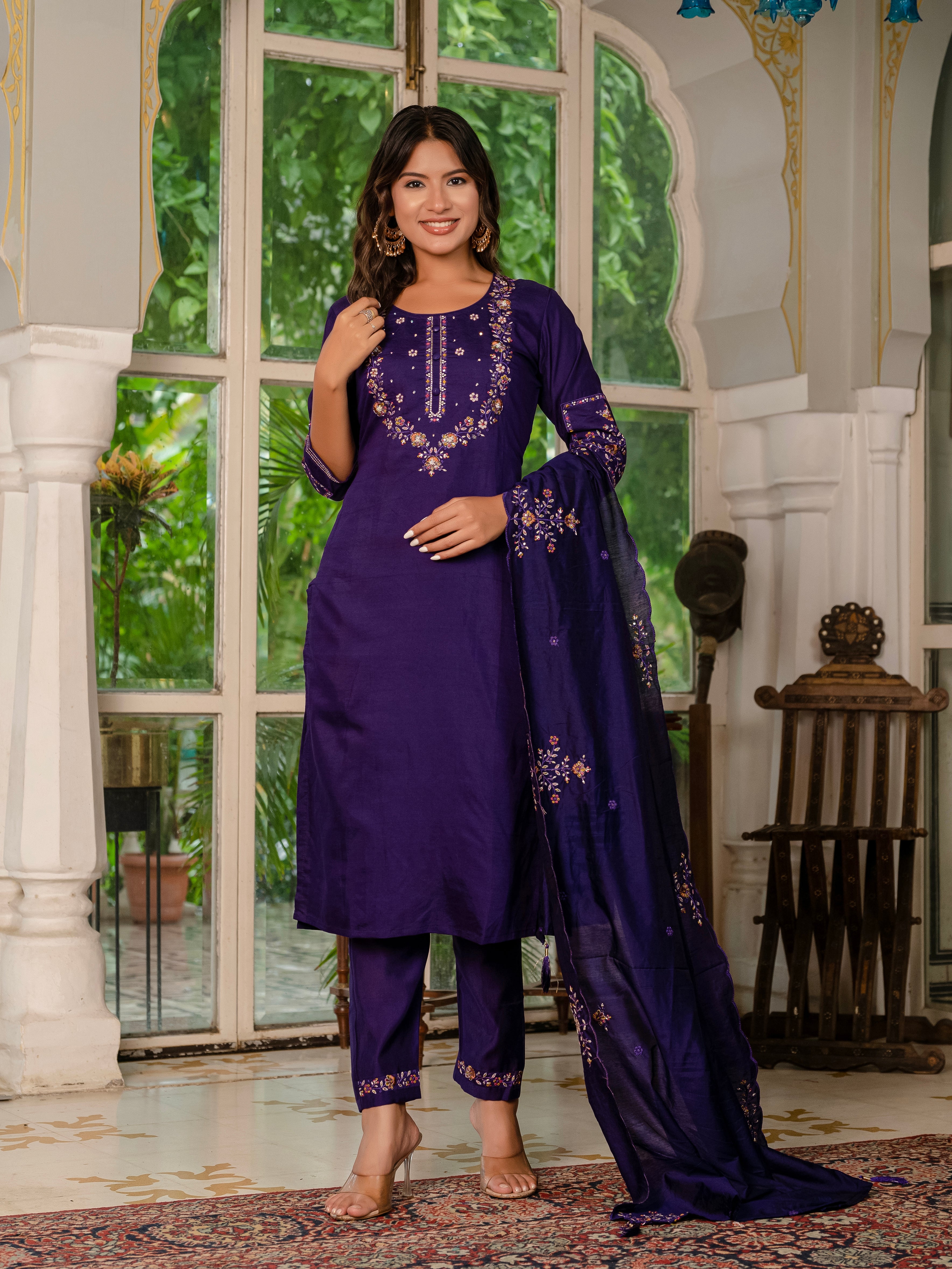 Jaipuri Violet Straight Kurti Pant Dupatta Set | Nardev Fashion
