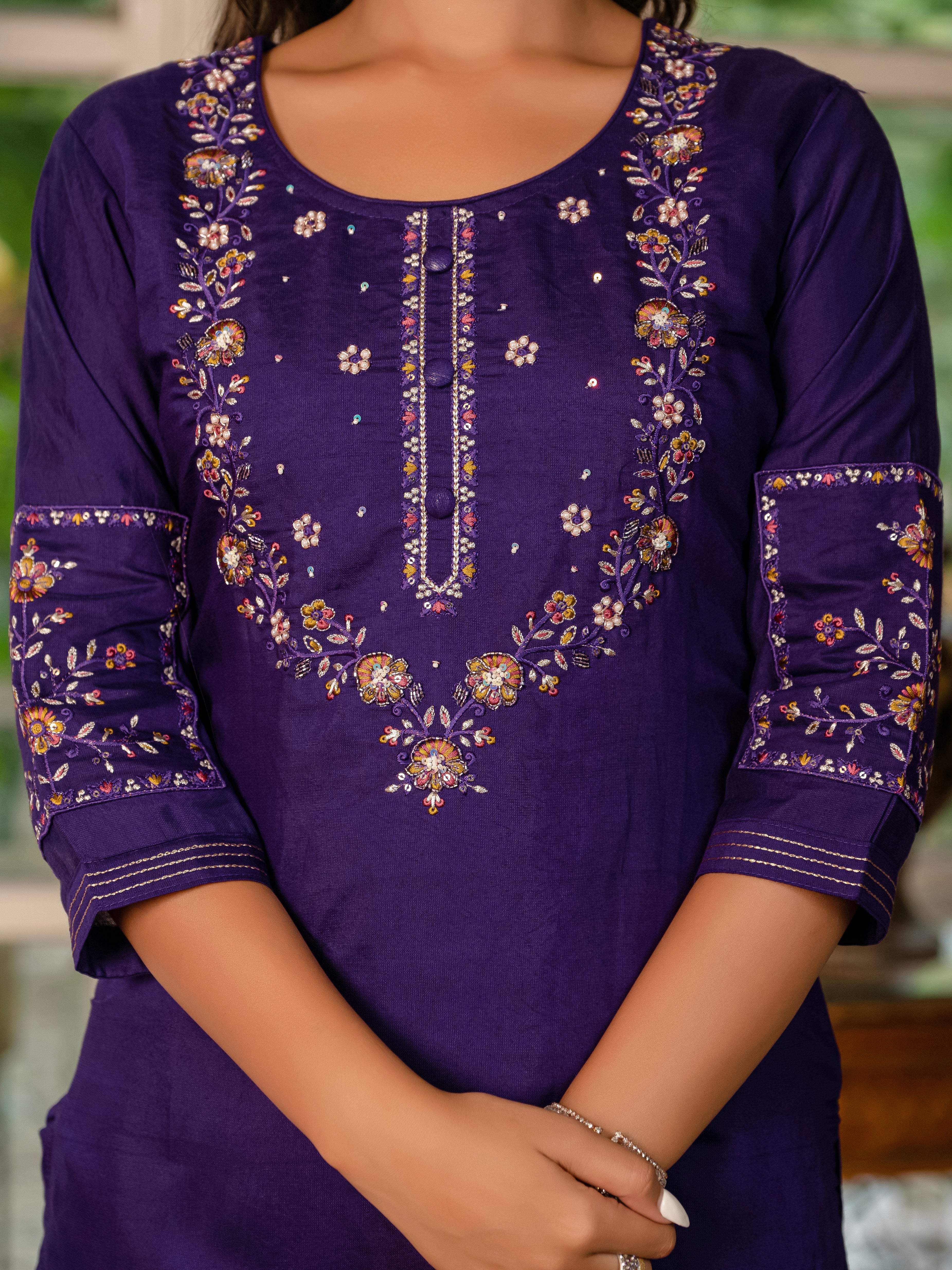 Jaipuri Violet Straight Kurti Pant Dupatta Set | Nardev Fashion