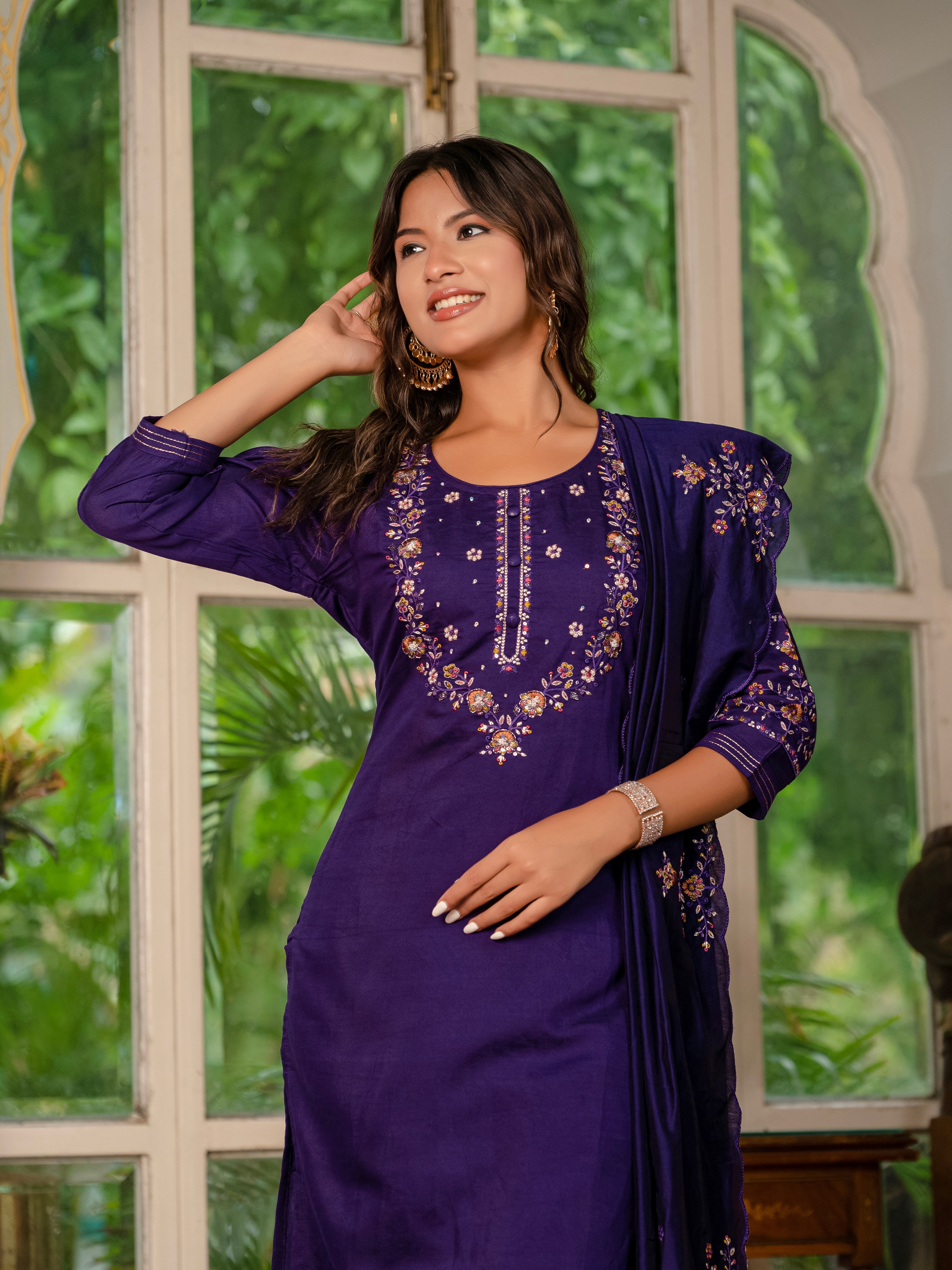 Jaipuri Violet Straight Kurti Pant Dupatta Set | Nardev Fashion