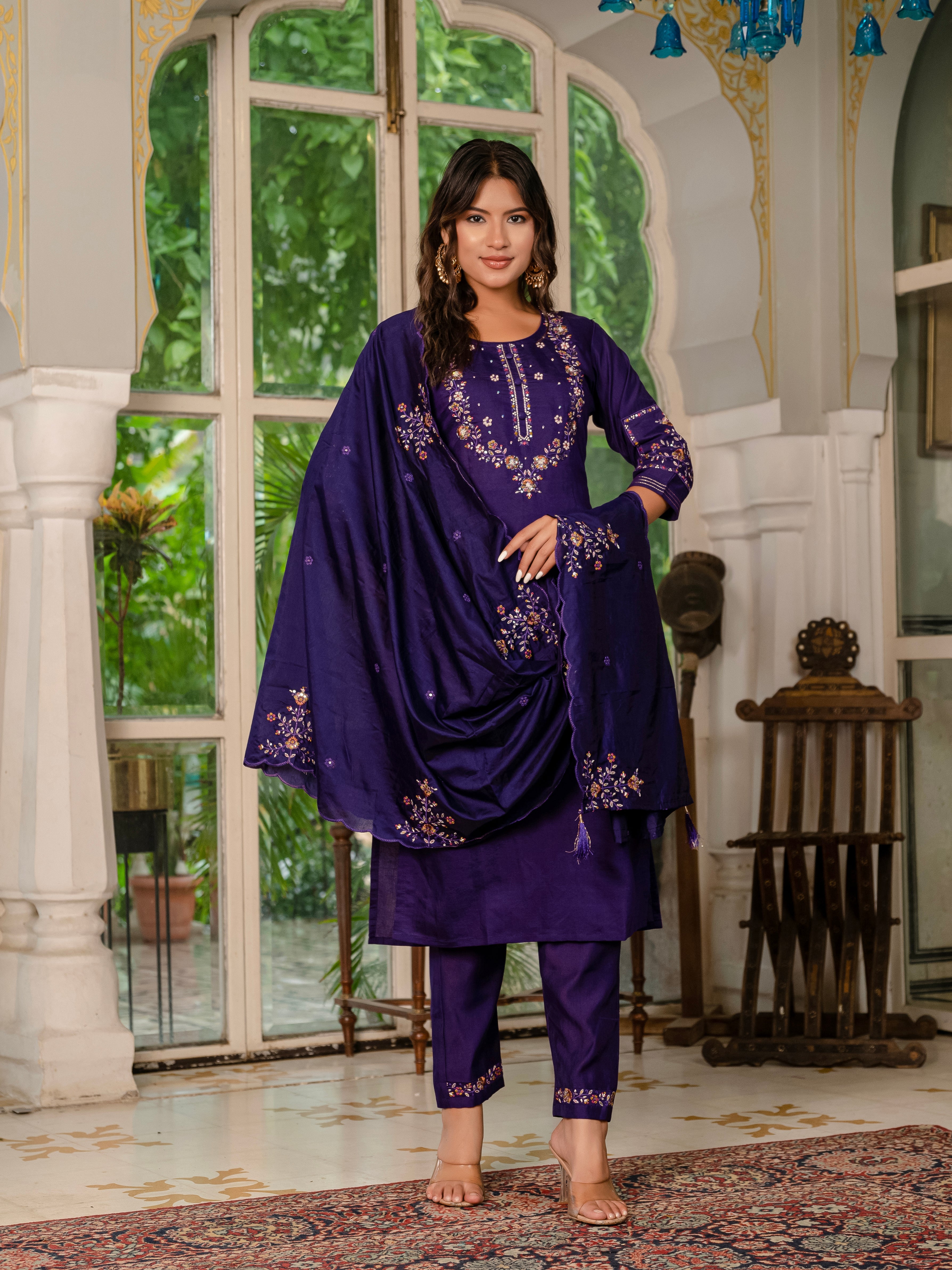 Jaipuri Violet Straight Kurti Pant Dupatta Set | Nardev Fashion