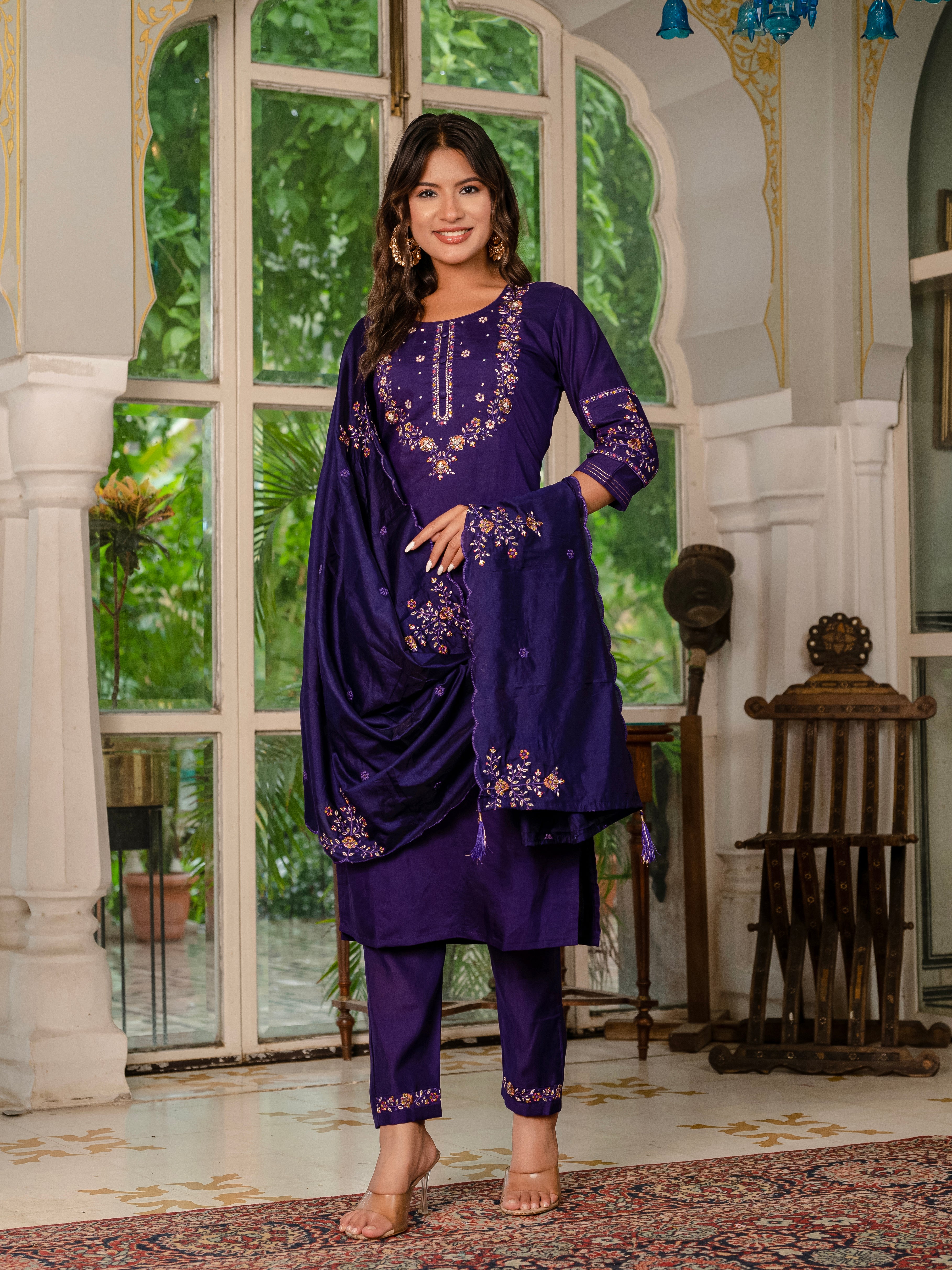 Jaipuri Violet Straight Kurti Pant Dupatta Set | Nardev Fashion