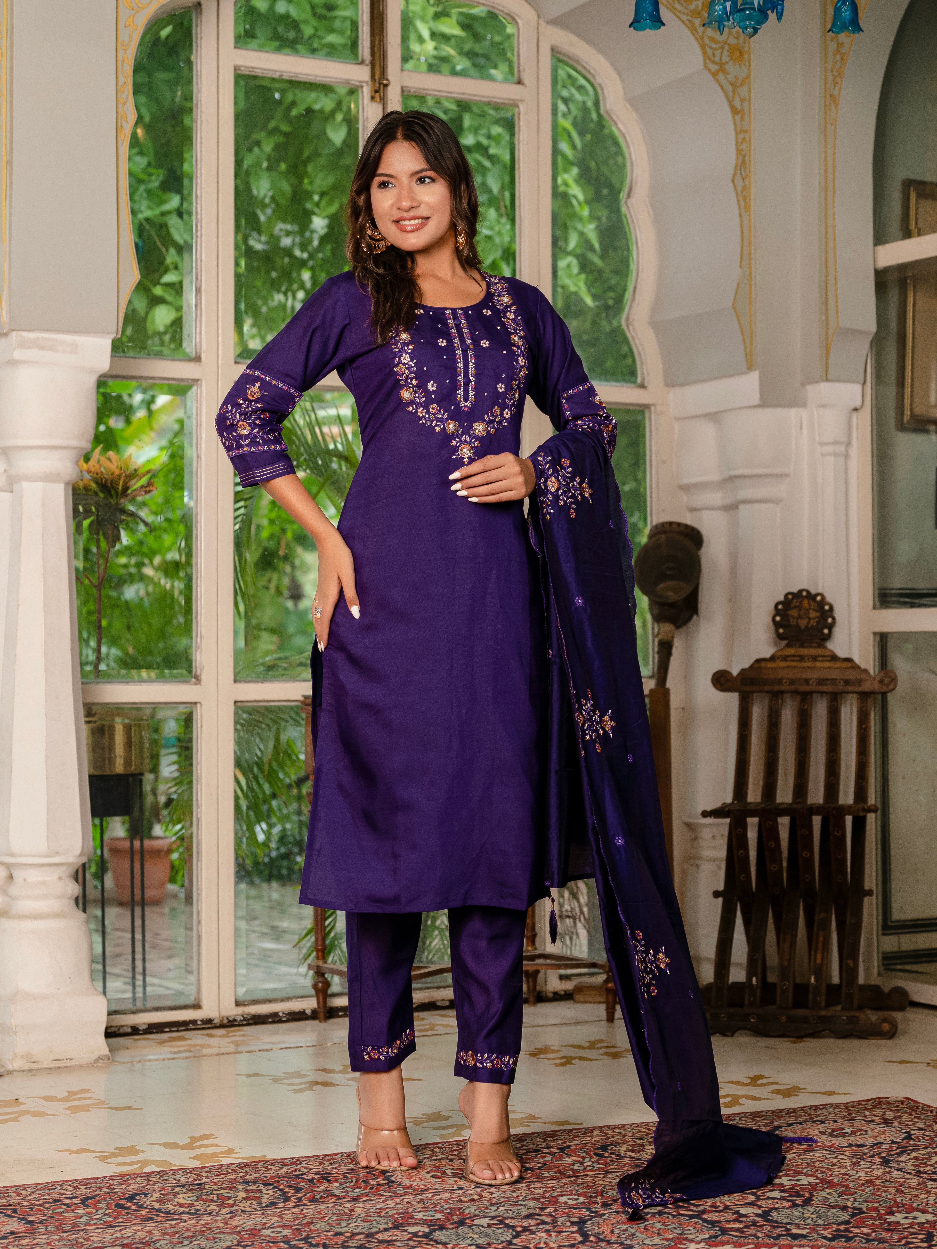 Jaipuri Violet Straight Kurti Pant Dupatta Set | Nardev Fashion