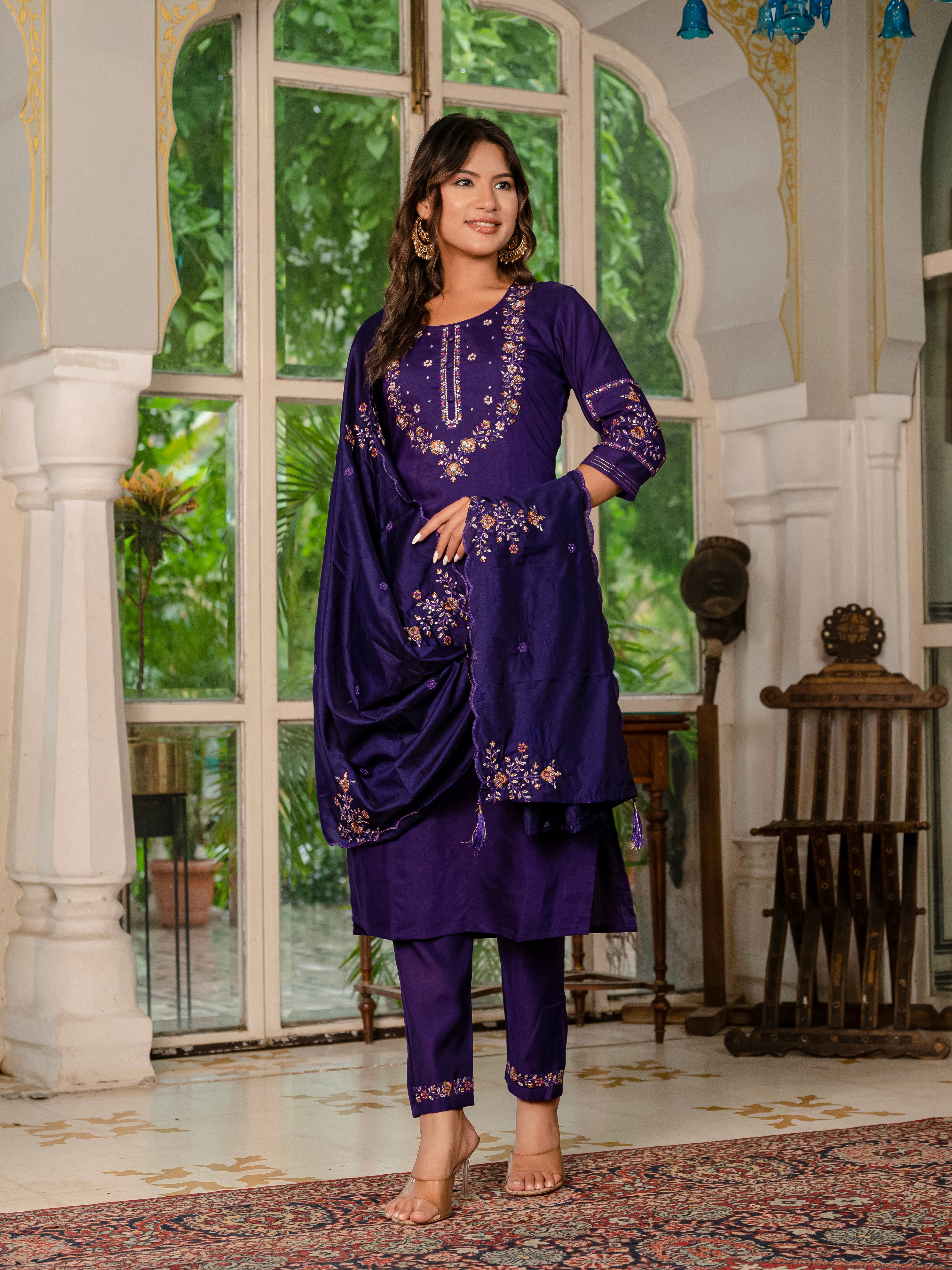 Jaipuri Violet Straight Kurti Pant Dupatta Set | Nardev Fashion