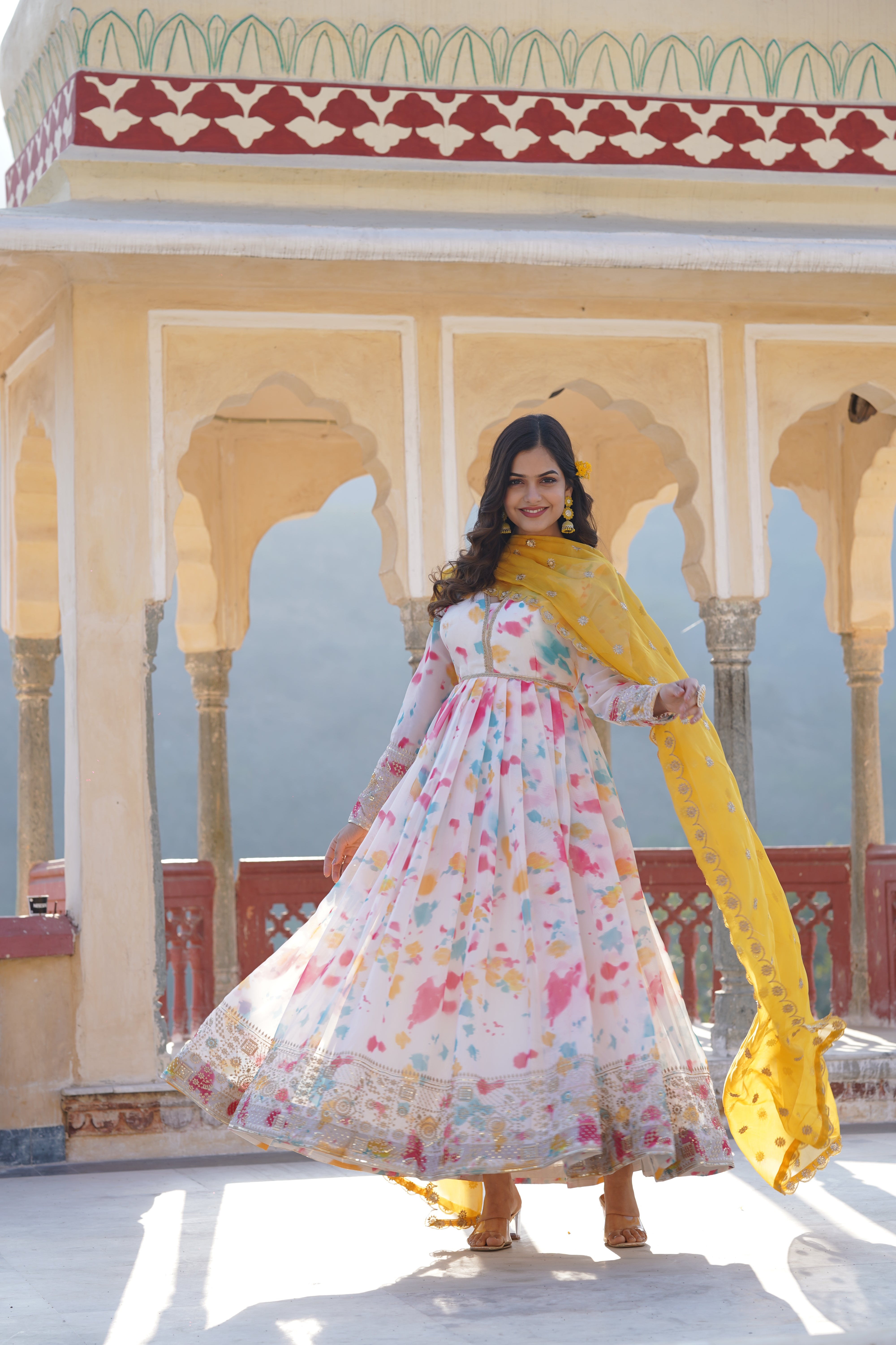 Holi Colors V-Neck Gown with Dupatta
