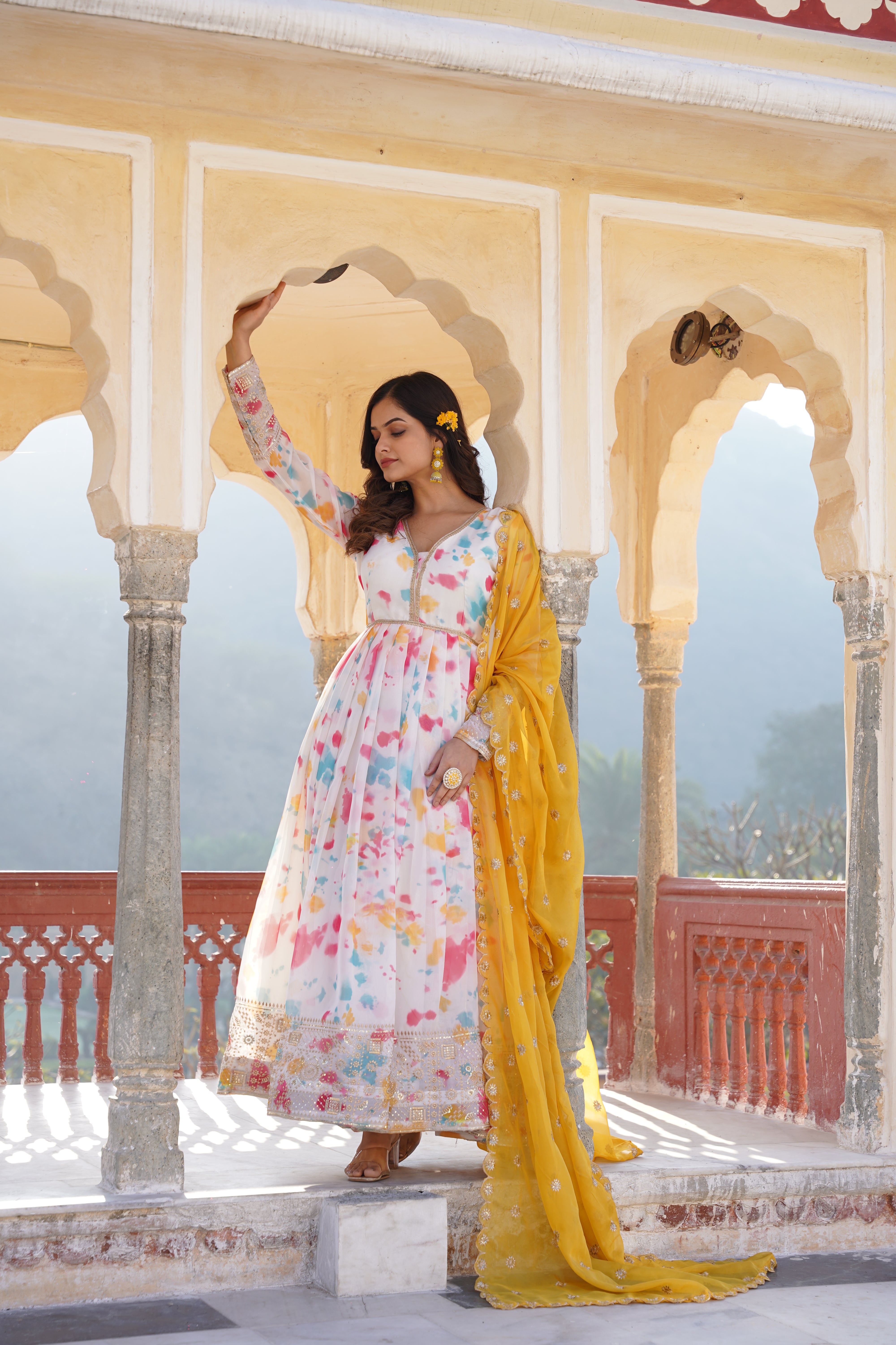 Holi Colors V-Neck Gown with Dupatta