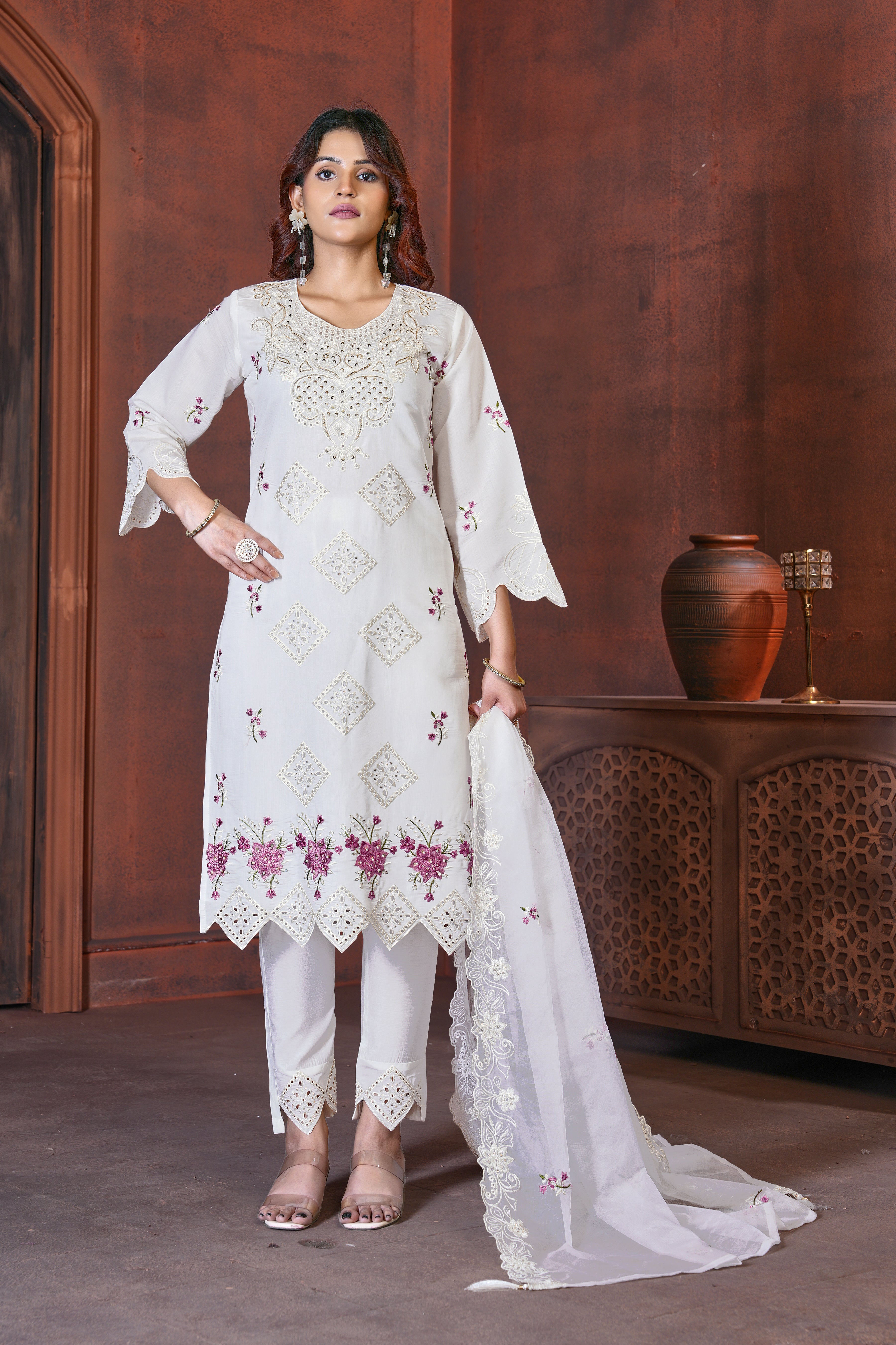 Kiara White Roman Kurti Set | Nardev Fashion