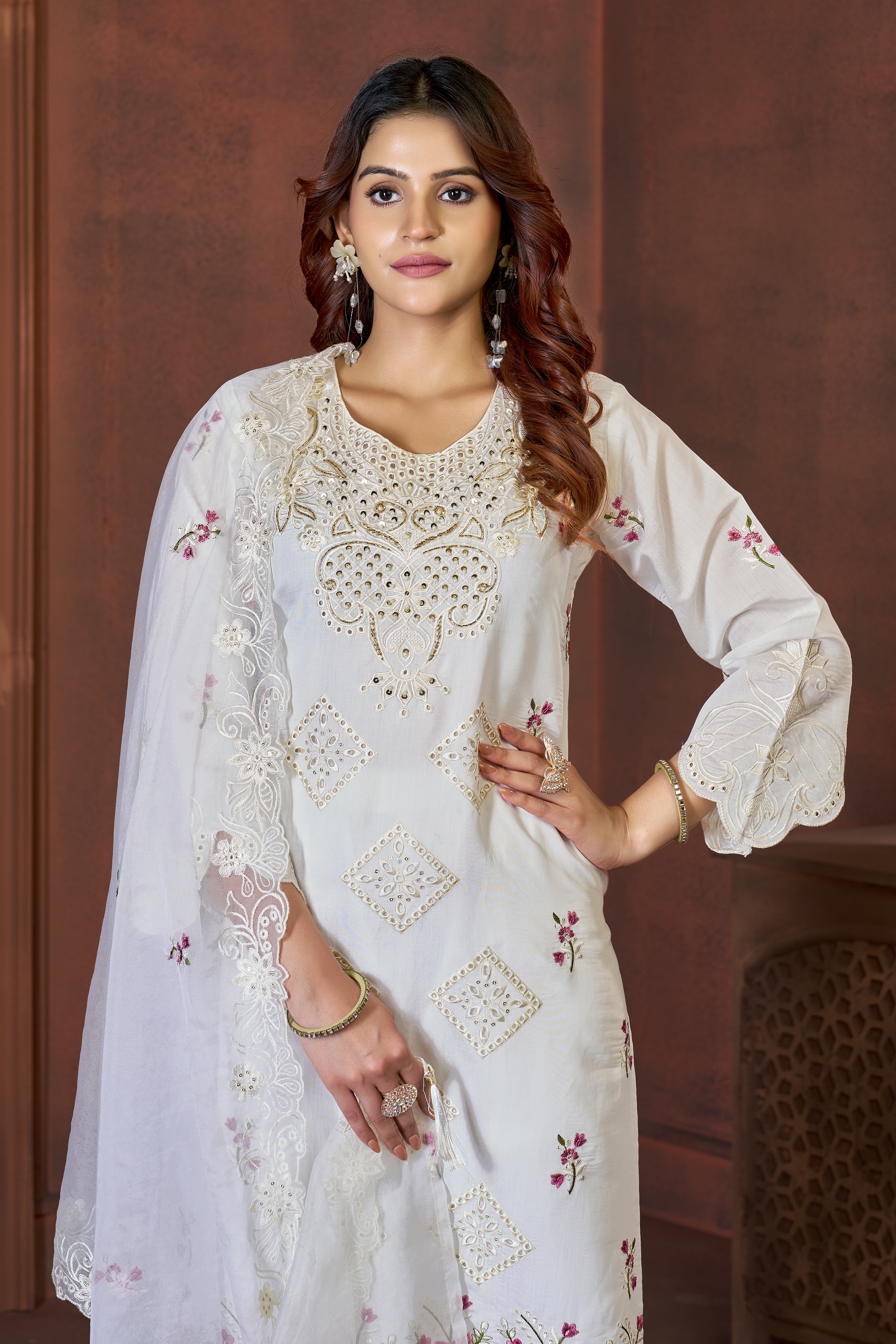Kiara White Roman Kurti Set | Nardev Fashion
