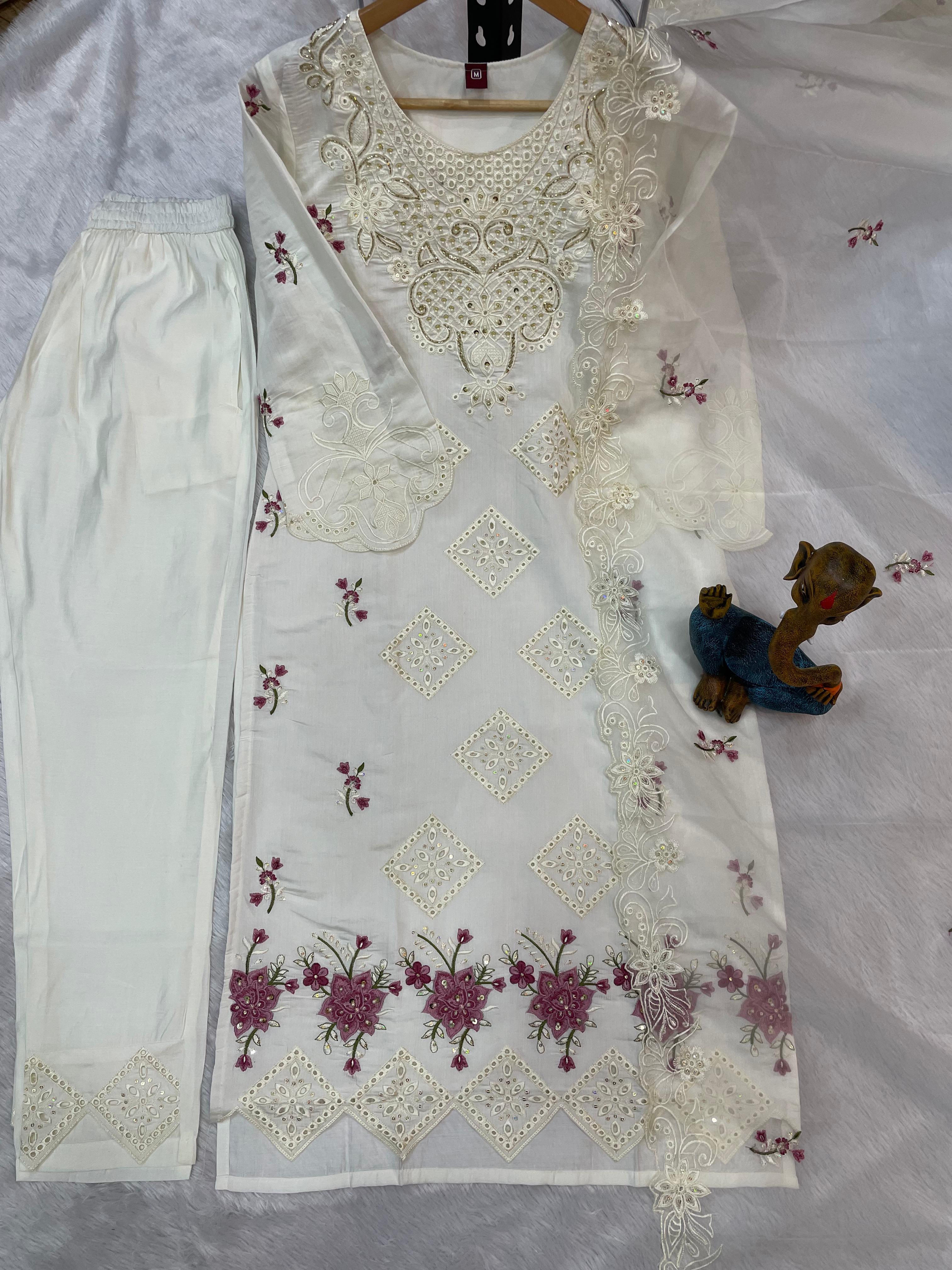 Kiara White Roman Kurti Set | Nardev Fashion