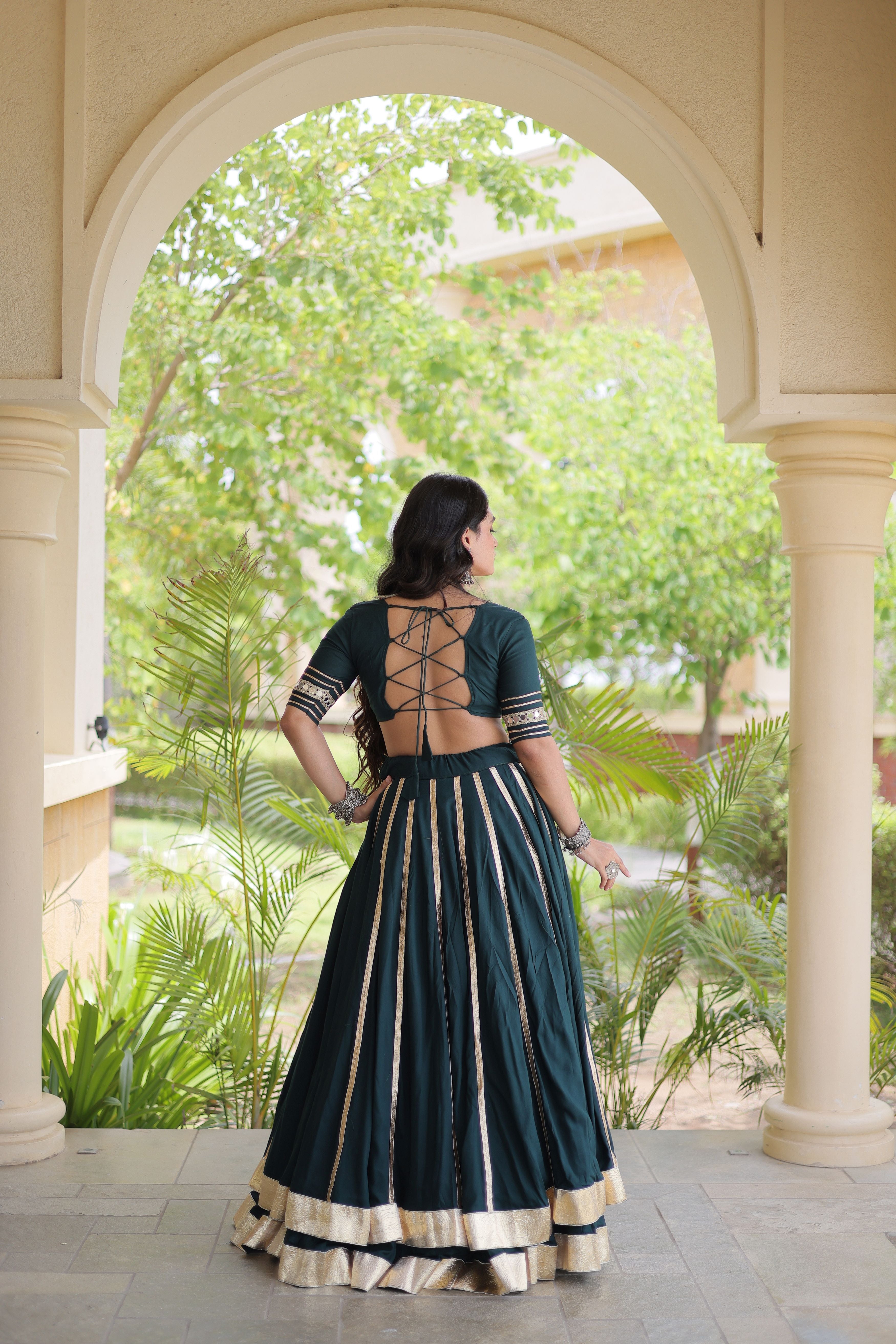 Bottle Green Rayon Lehenga Choli with Gota Patti & Gamthi Mirror Work