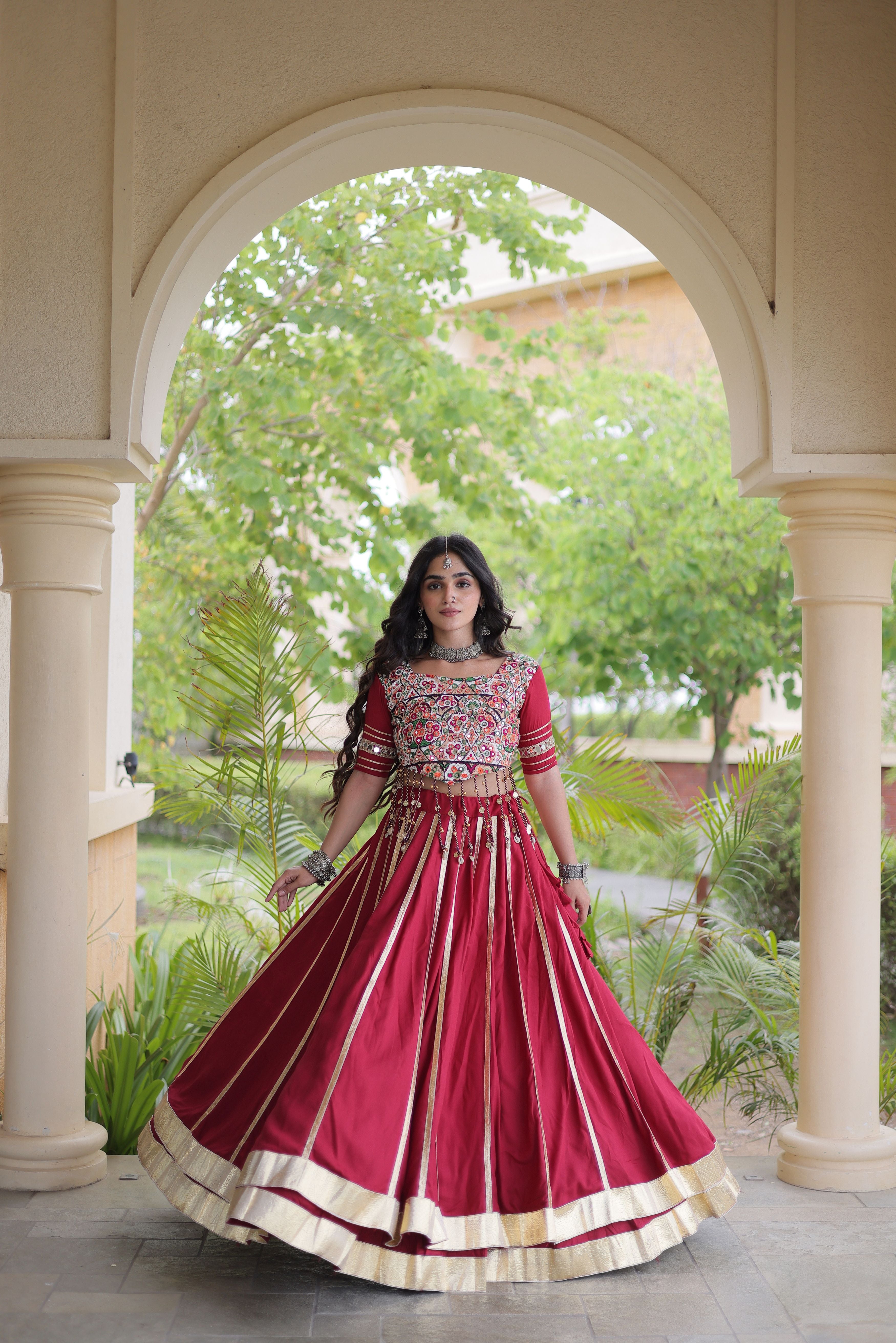 Maroon Rayon Lehenga Choli with Gota Patti & Gamthi Mirror Work