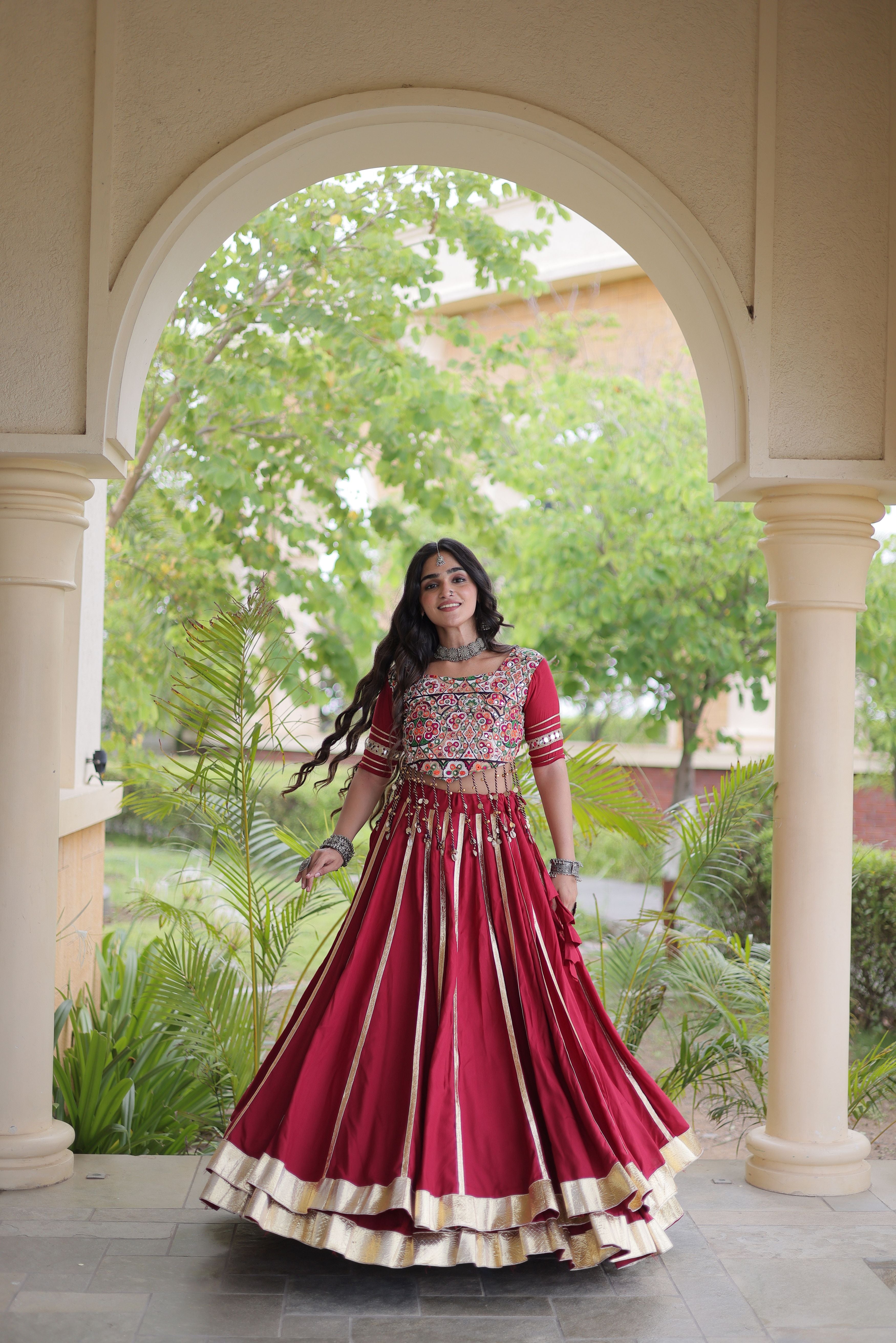 Maroon Rayon Lehenga Choli with Gota Patti & Gamthi Mirror Work