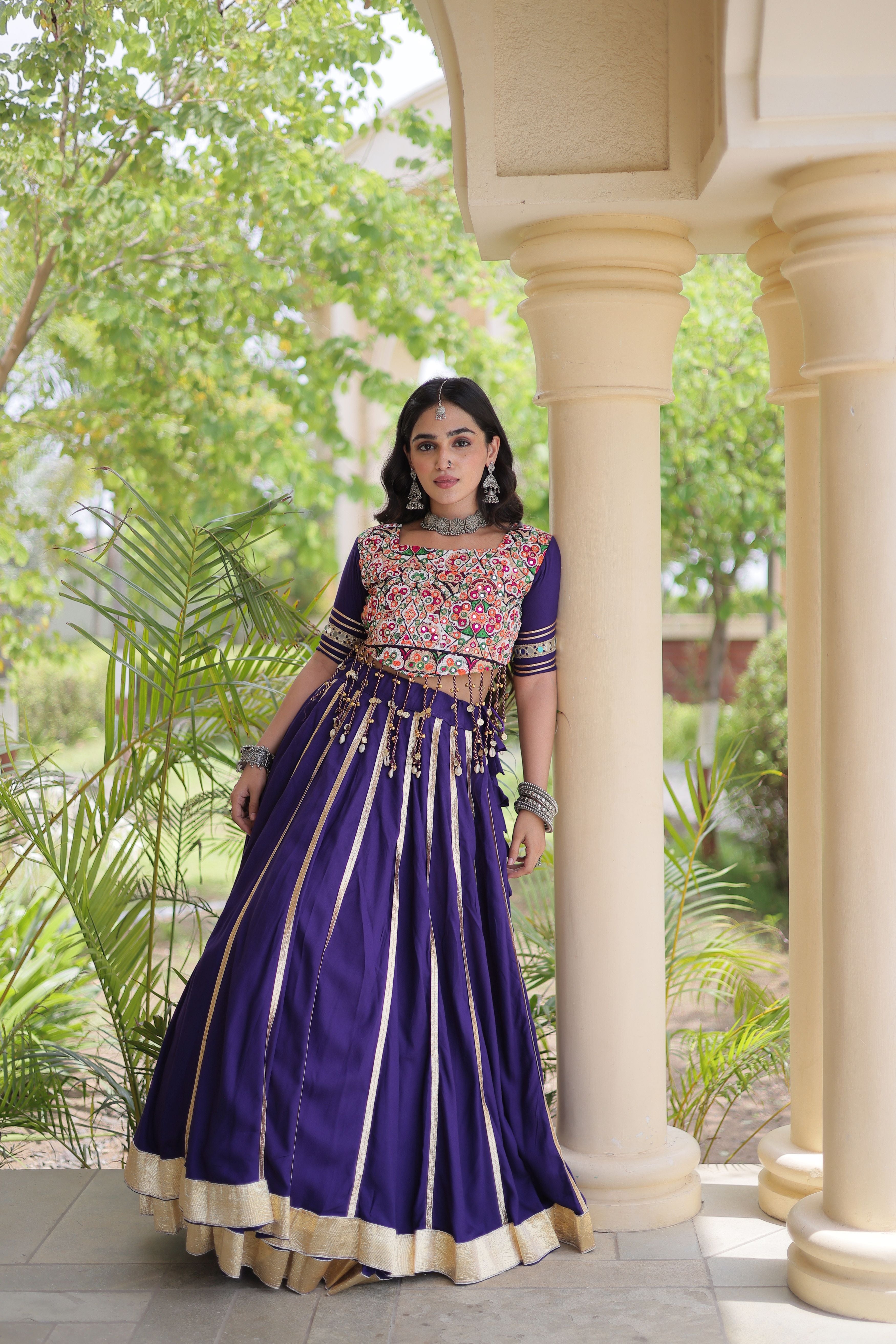 Purple Rayon Lehenga Choli with Gota Patti & Gamthi Mirror Work