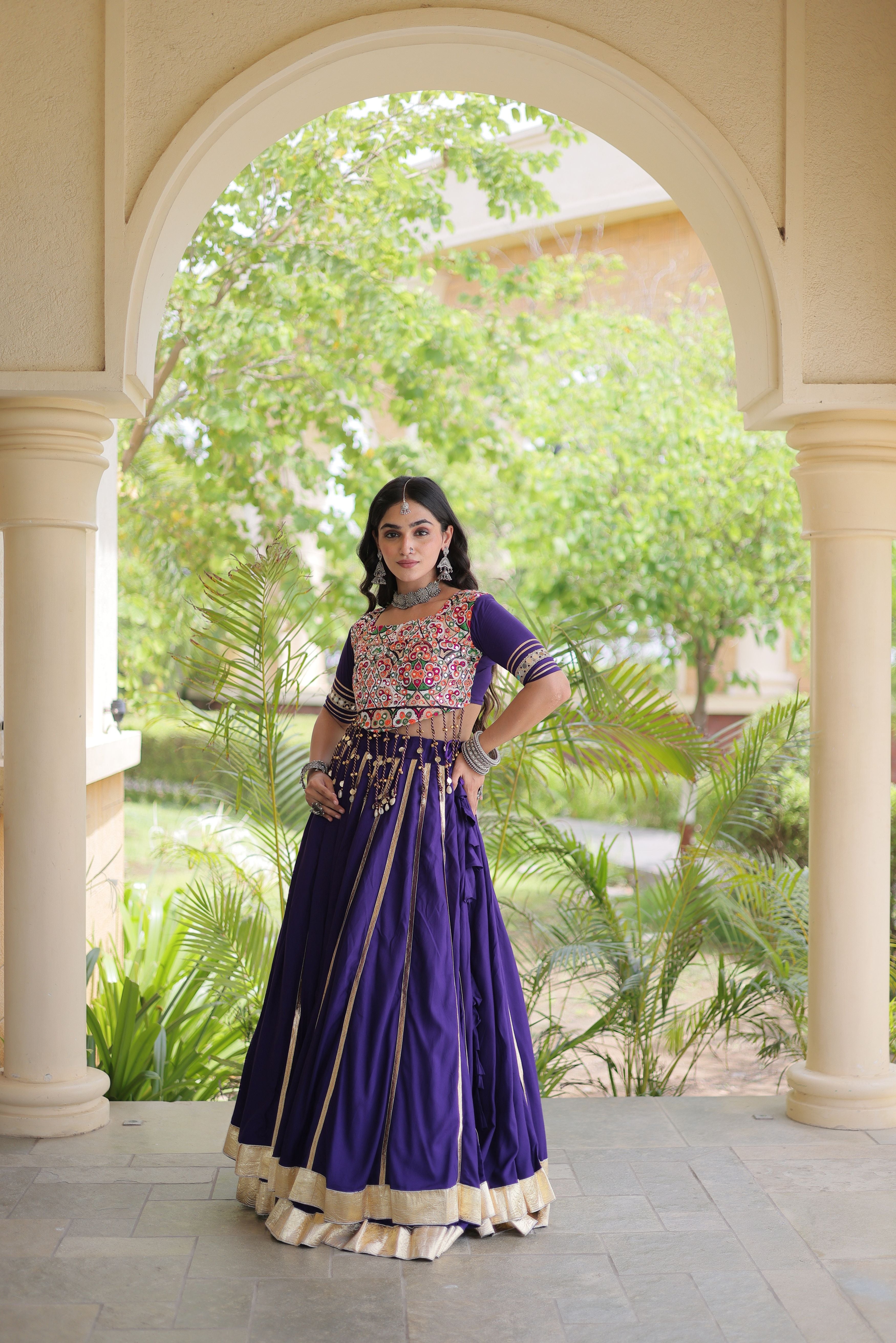 Purple Rayon Lehenga Choli with Gota Patti & Gamthi Mirror Work