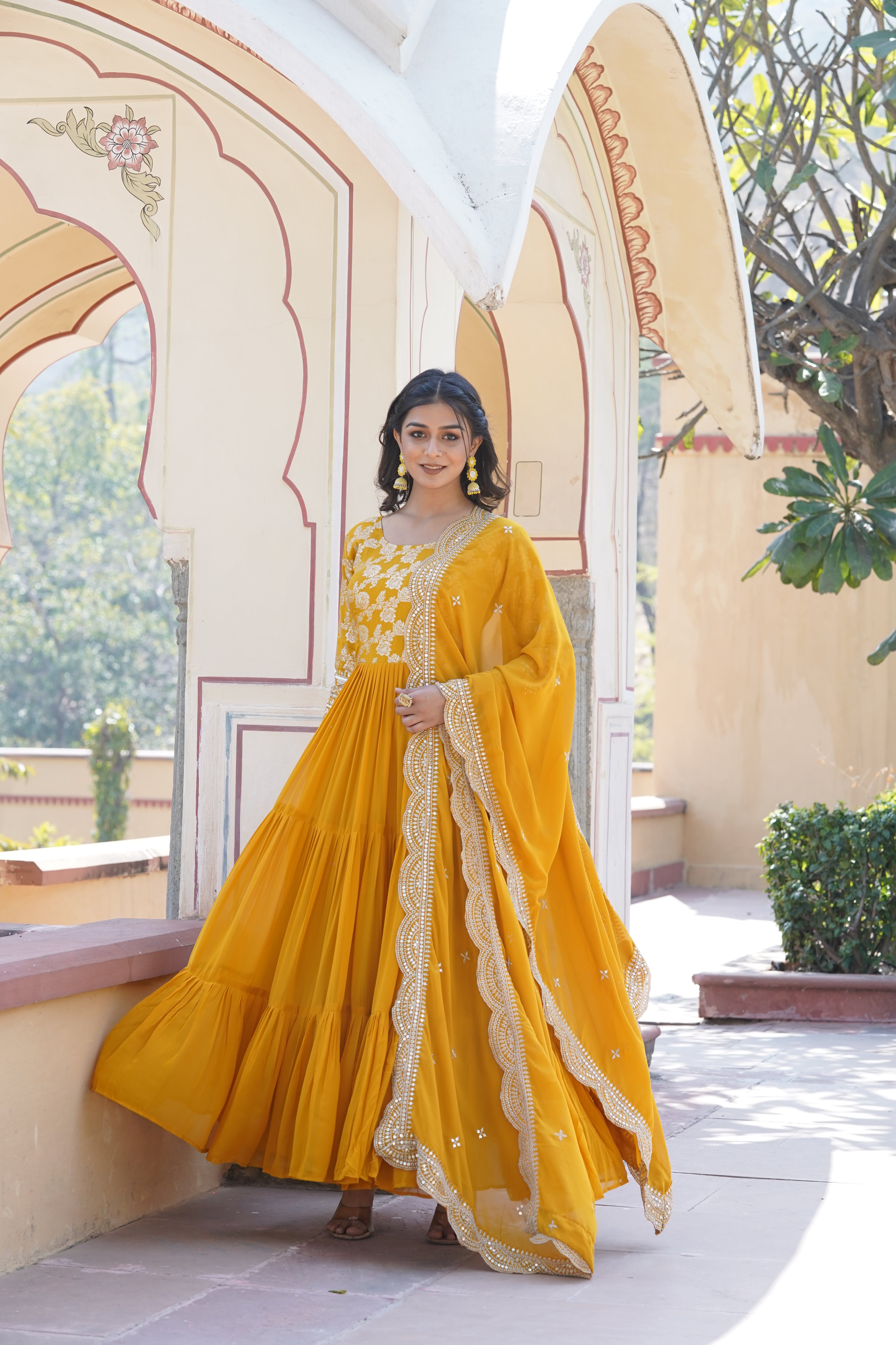 Yellow Faux Blooming Sequin Gown with Duppatta