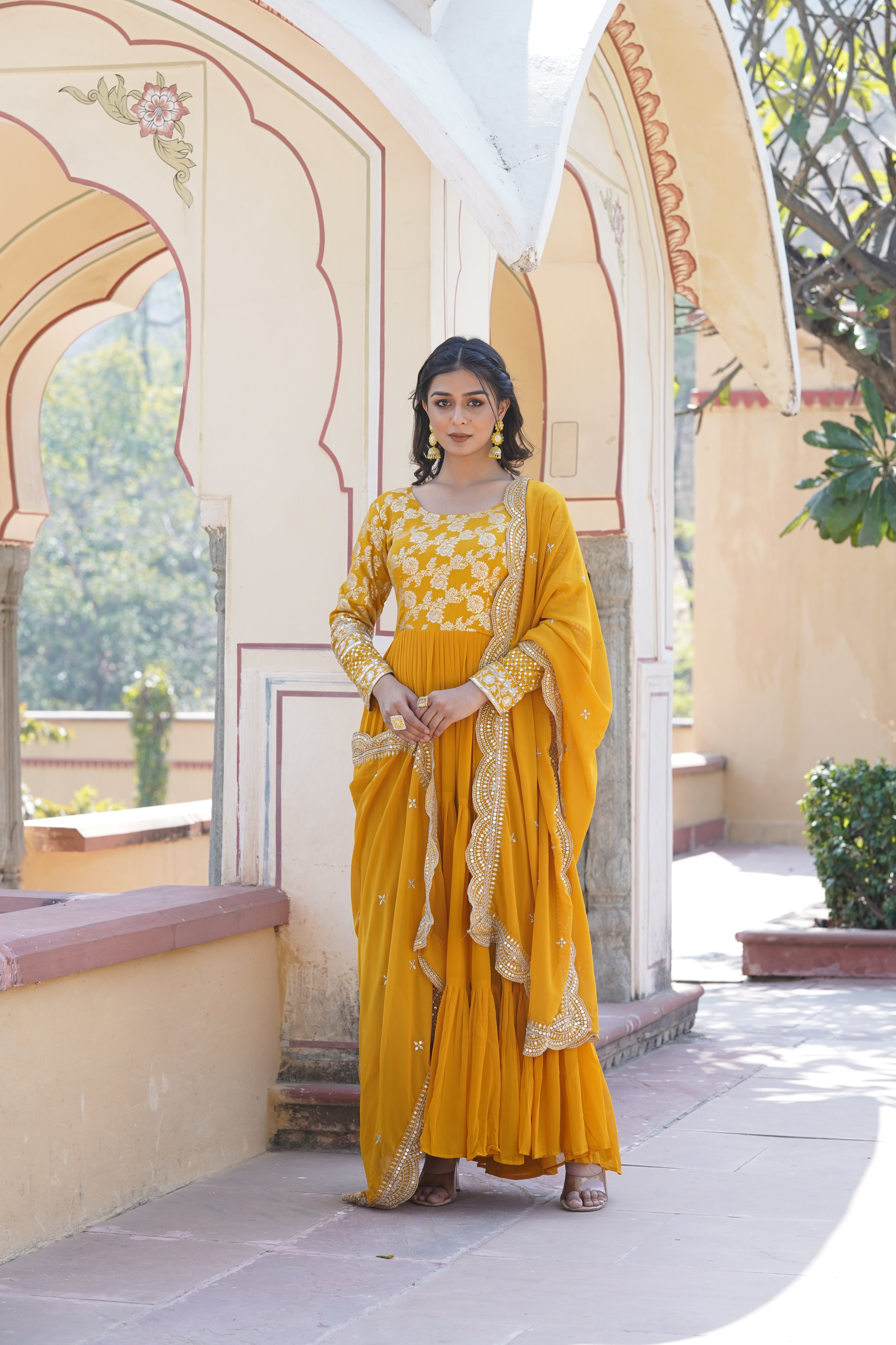 Yellow Faux Blooming Sequin Gown with Duppatta