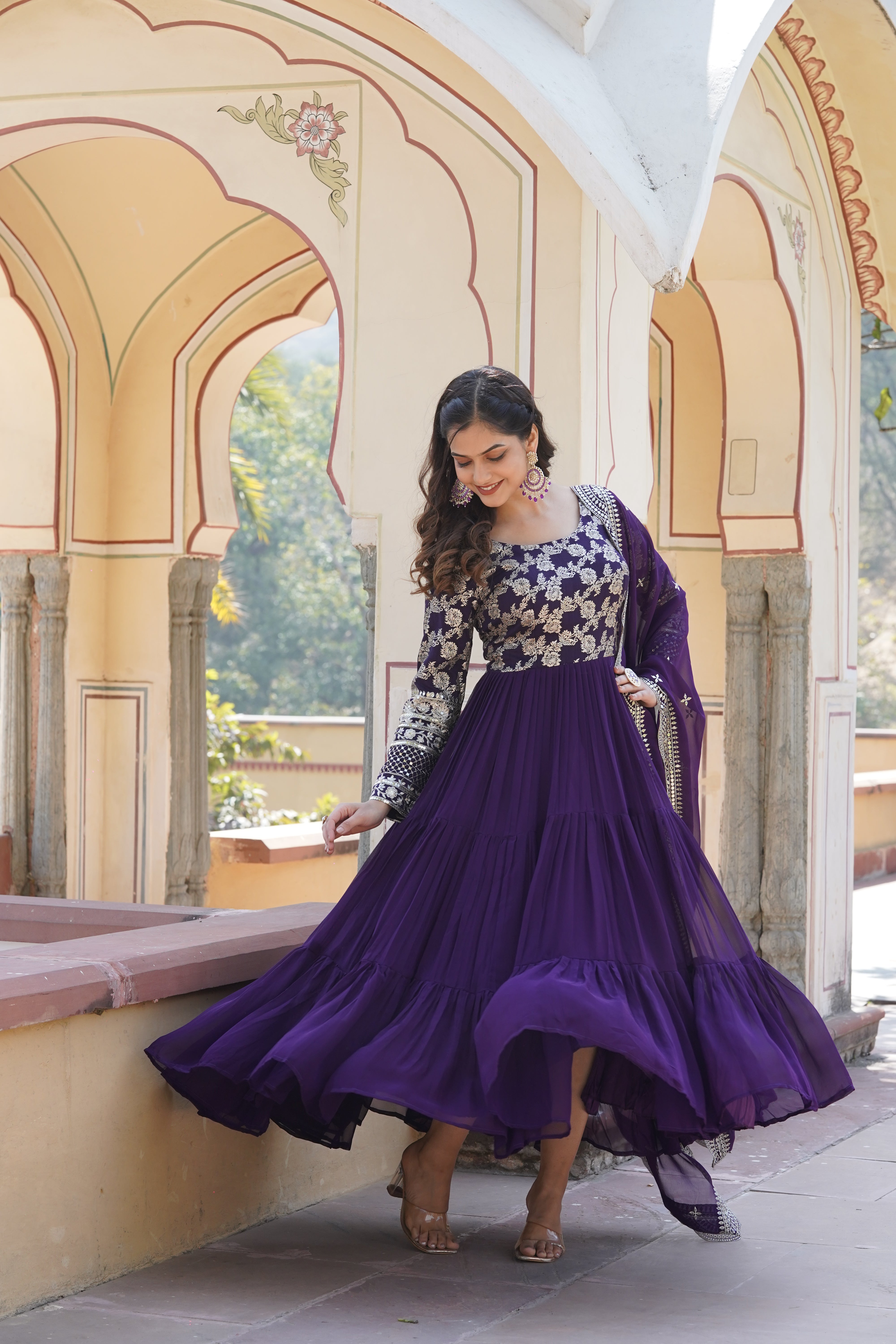 Purple Faux Blooming Sequin Gown with Duppatta
