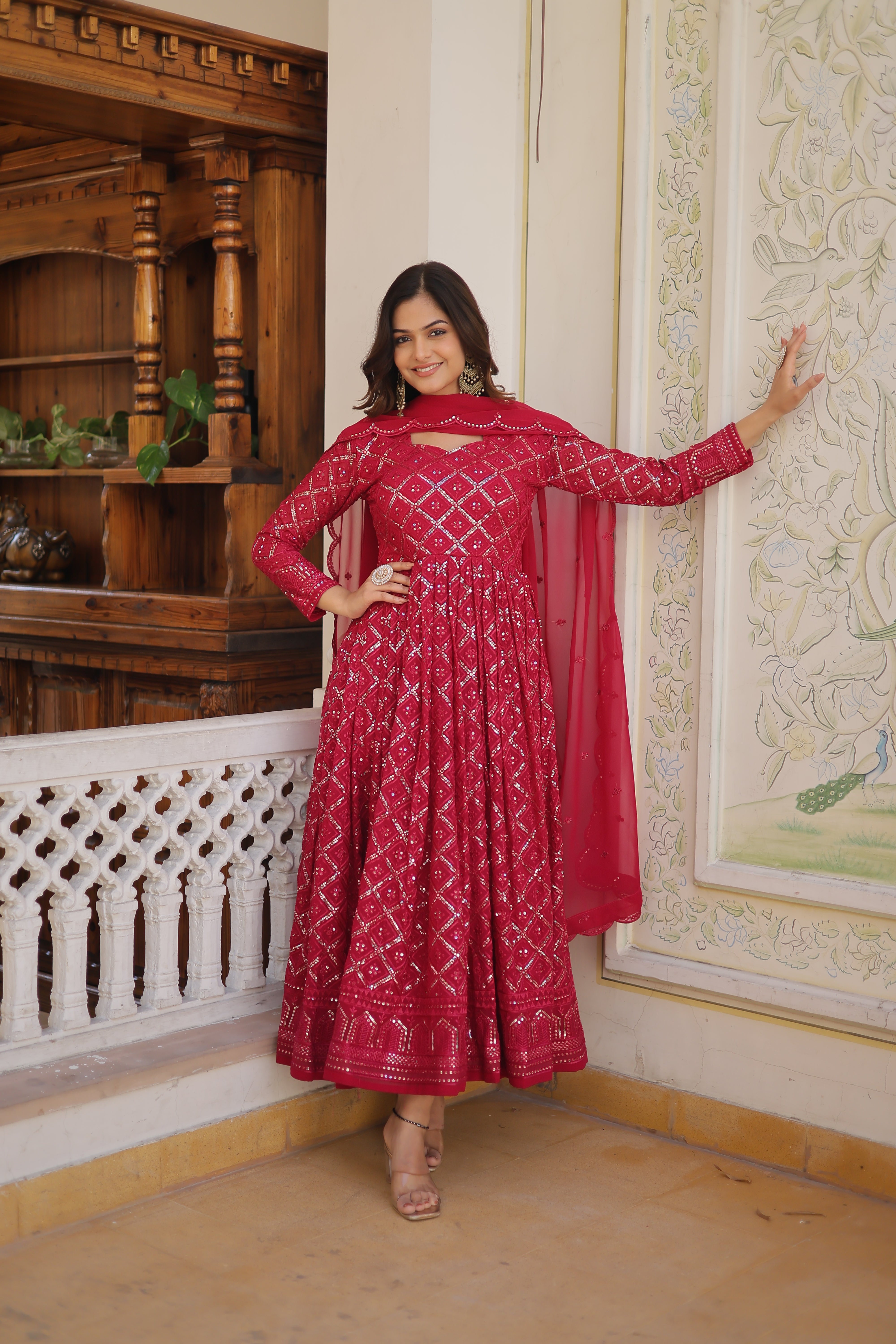 Rani Pink Sequence Work Gown with Dupatta