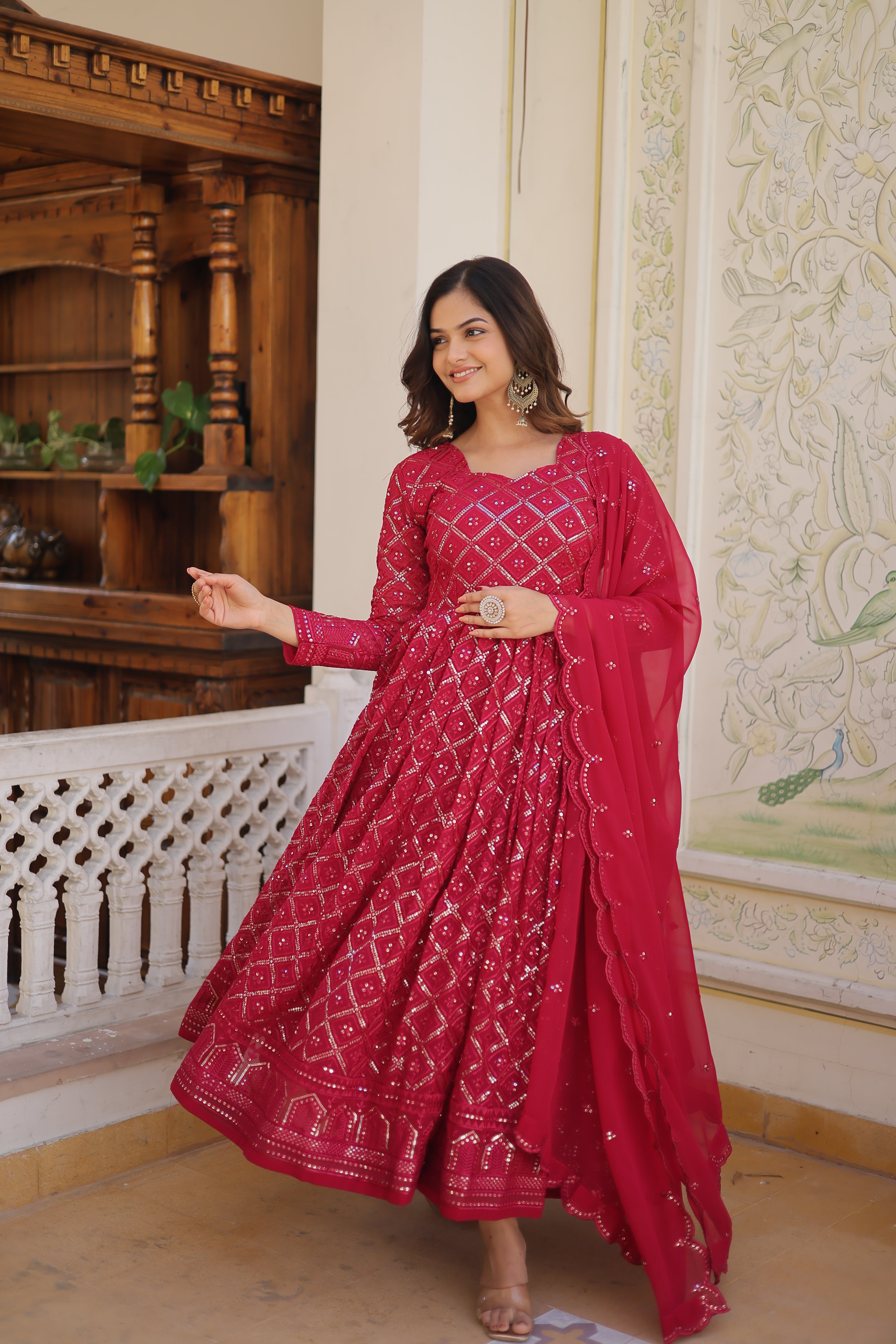 Rani Pink Sequence Work Gown with Dupatta